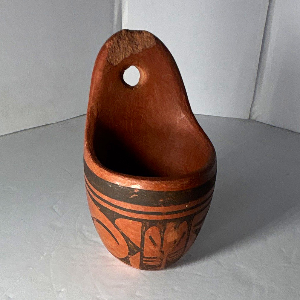 Brown & Black Pottery Wall Pocket Vase, Tribal Geometric, Matte Hanging, 1-Pack