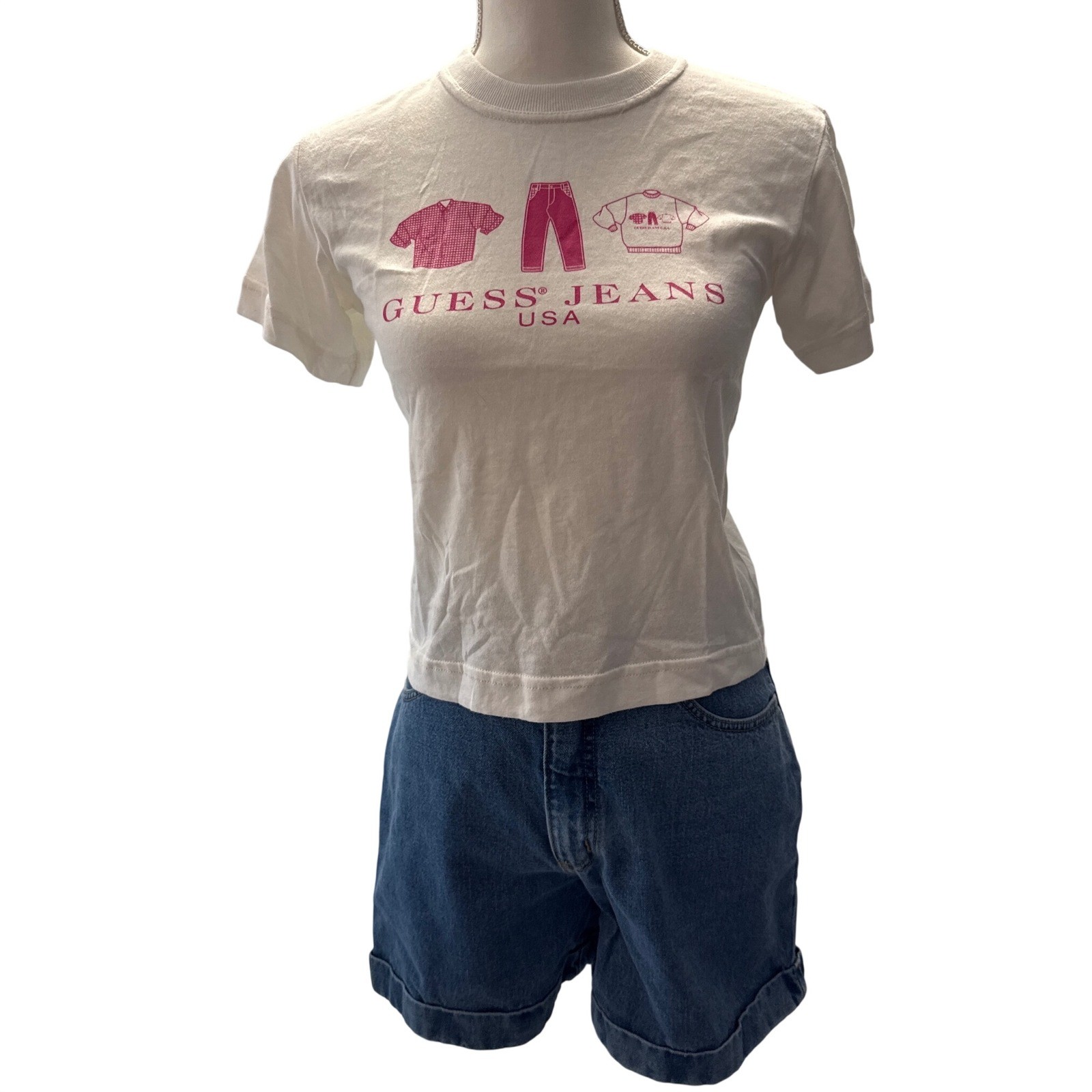 New Vintage 1990s Guess Jeans USA Graphic T Shirt Crop Top Pink Women's XS New Vintage 1990s Guess Jeans USA Graphic T Shirt Crop Top Pink Women's XS