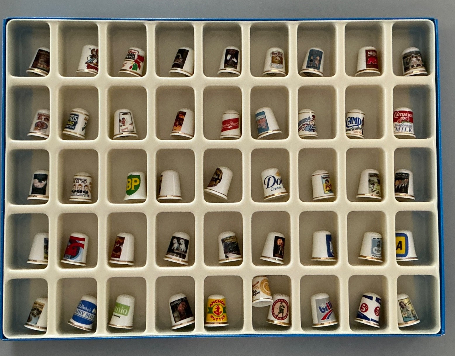 45 Vintage Advertising Brand Logo Thimbles + SAFE Storage Display Box