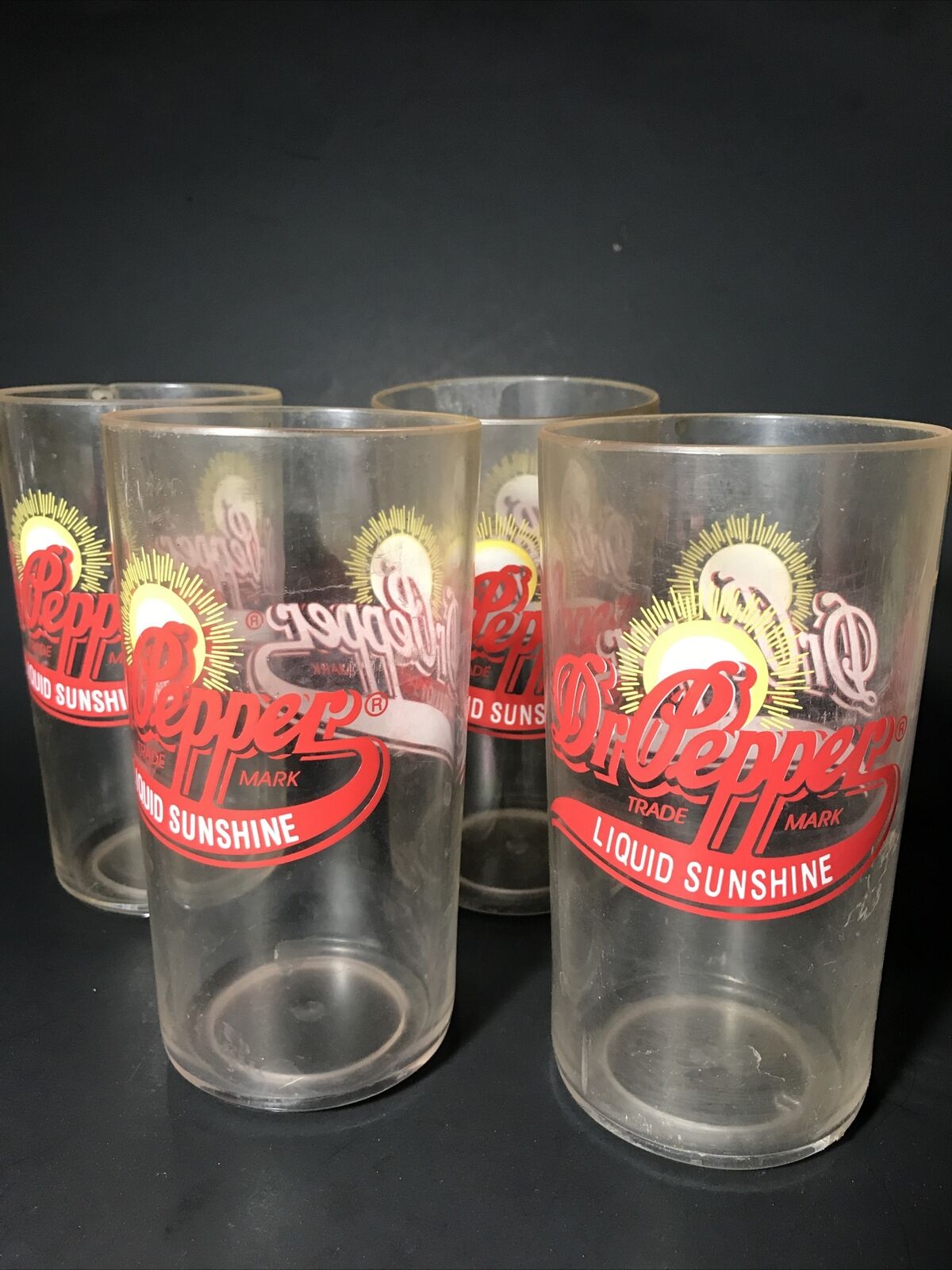 Dr. Pepper Liquid Sunshine Plastic Glass Lot Of 4 Vintage Rare Advertising