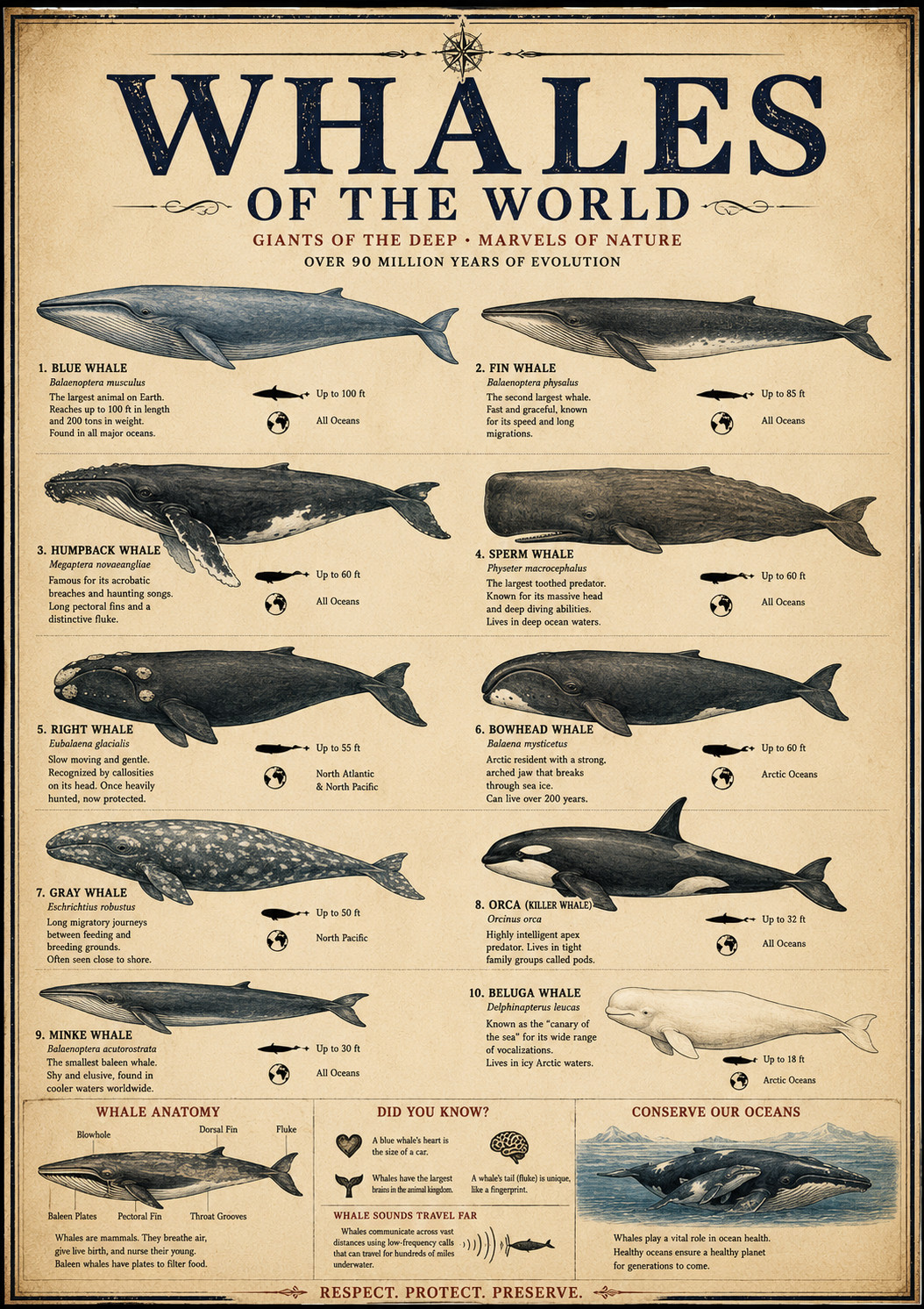 Whales of the World Poster 13x19 – Vintage Whale Species Chart Ocean Marine Wall