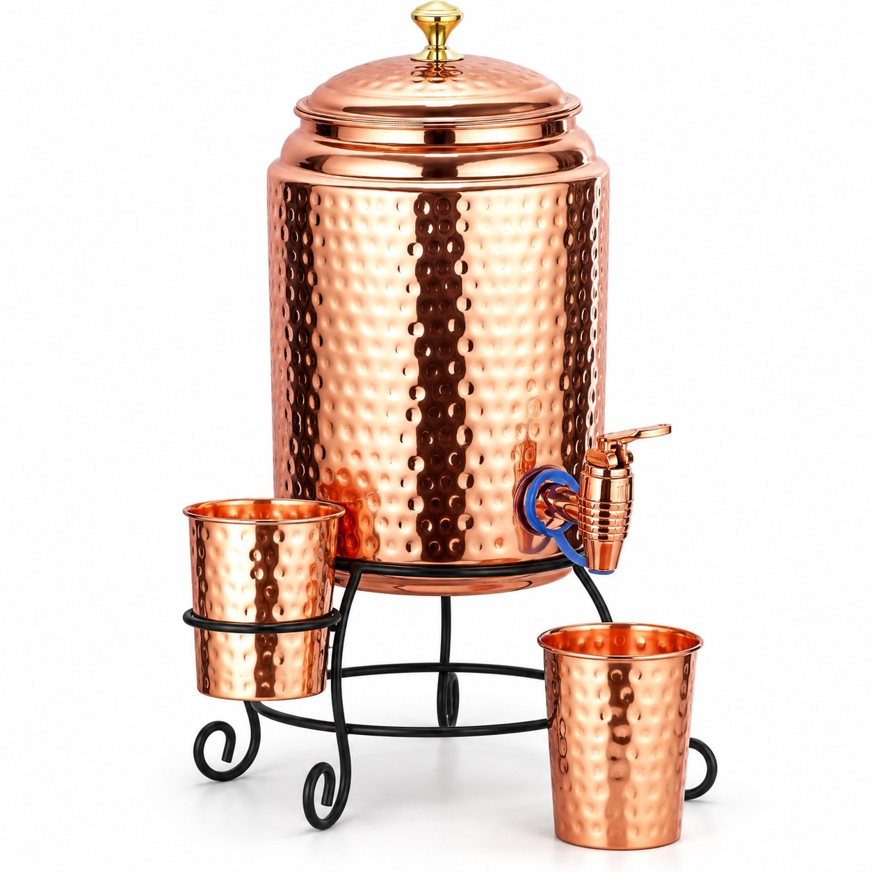 5L Hammered Copper Water Dispenser with Stand, 2 Copper Glasses & Tap