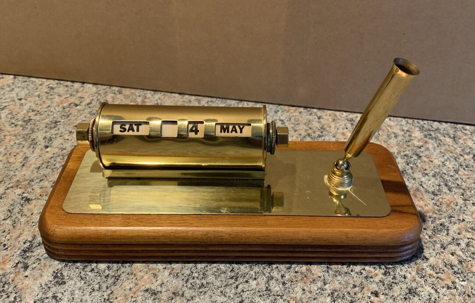 Vintage Solid Walnut Desk Perpetual Calendar and Pen Holder Brass