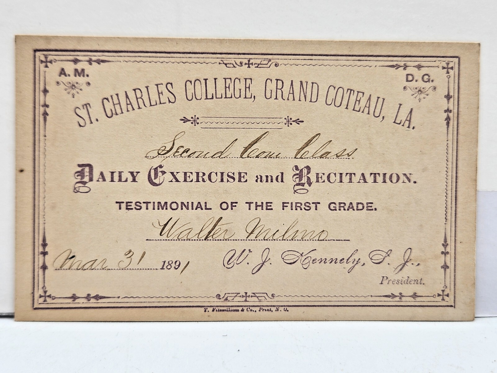 1892 Student Class Card - St. Charles College of Grand Coteau, LA Walter Milano