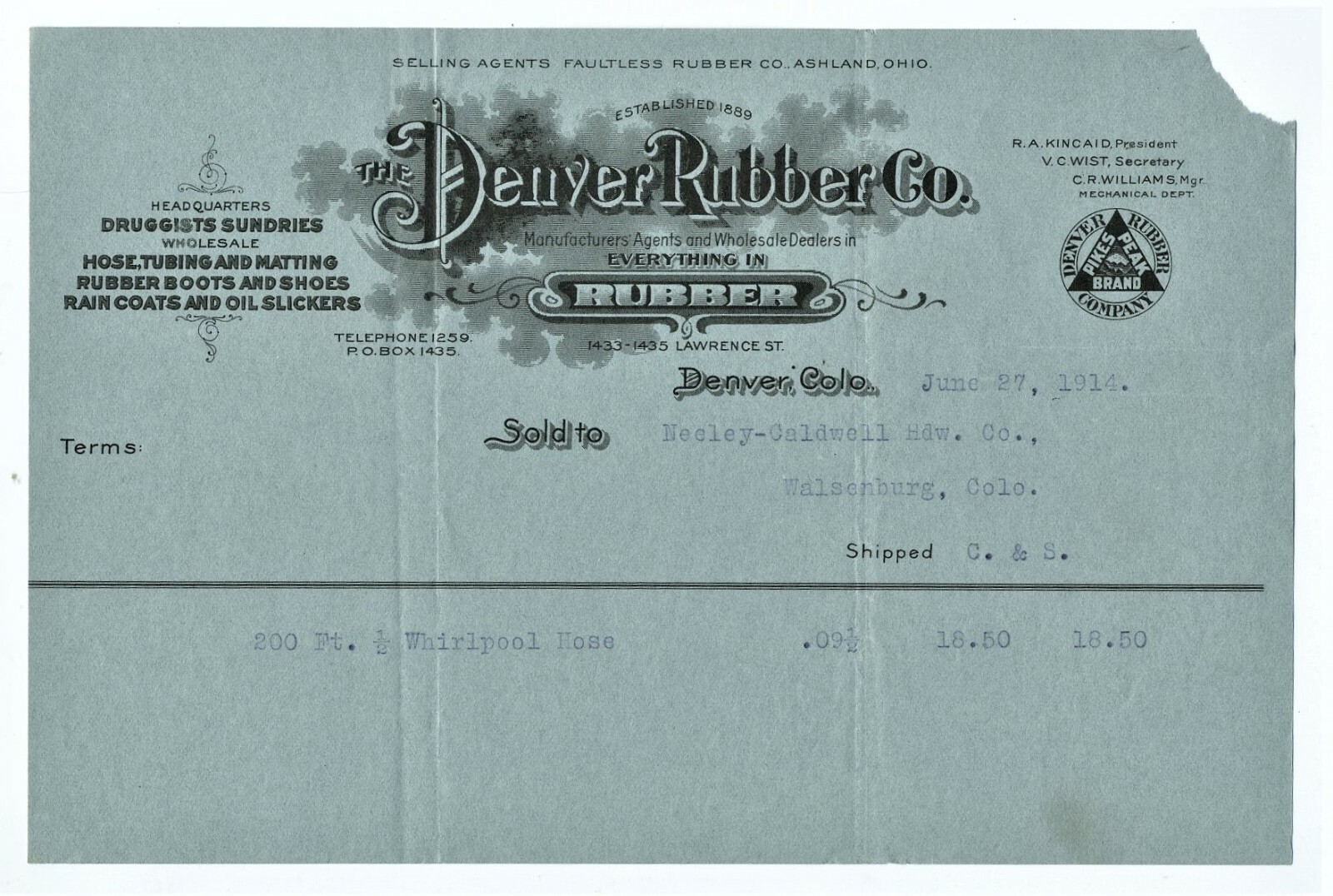 1914 BILLHEAD DENVER COLORADO, DENVER RUBBER CO. 