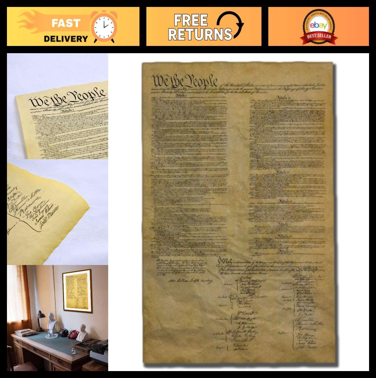 Authentic Full Size Replica of US Constitution Amendments on Antiqued Parchment Authentic Full Size Replica of US Constitution Amendments on Antiqued Parchment