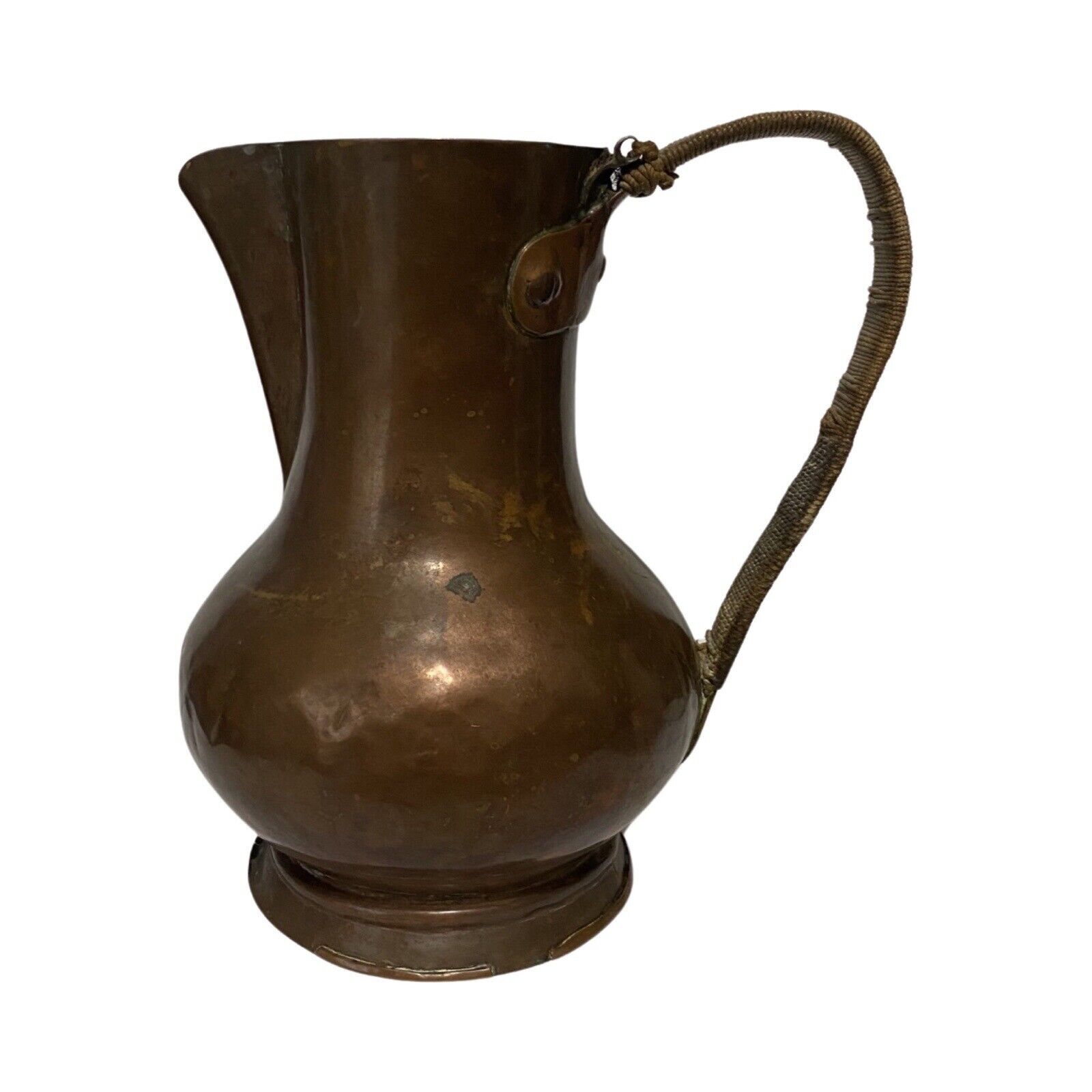 Rustic Antique Copper Pitcher with Twine-Wrapped Handle, Primitive 8.5” Tall