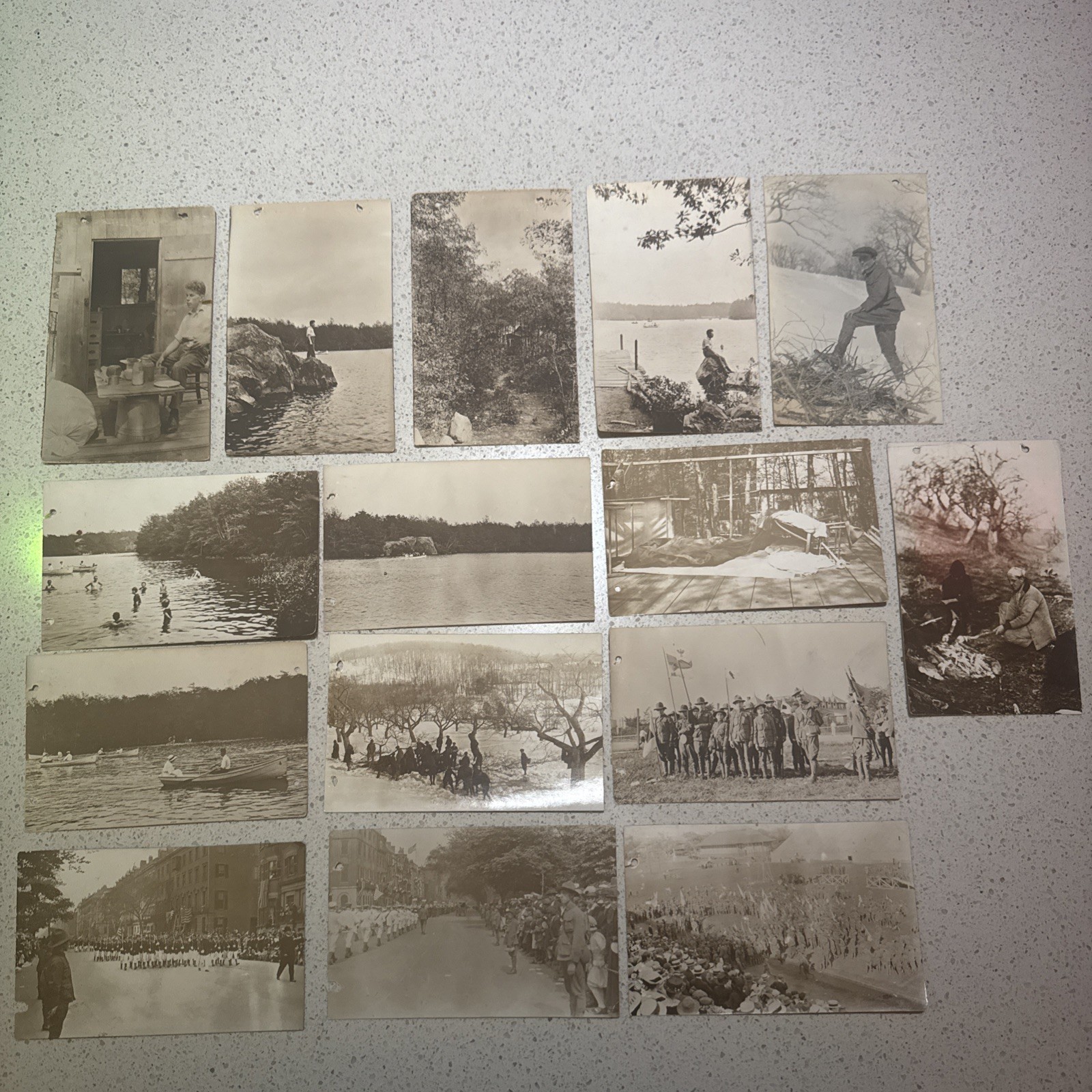 K43/ Sebago Lake Maine RPPC Postcard Set Of 15 c1910 Boy Scouts Parade Cabin 1