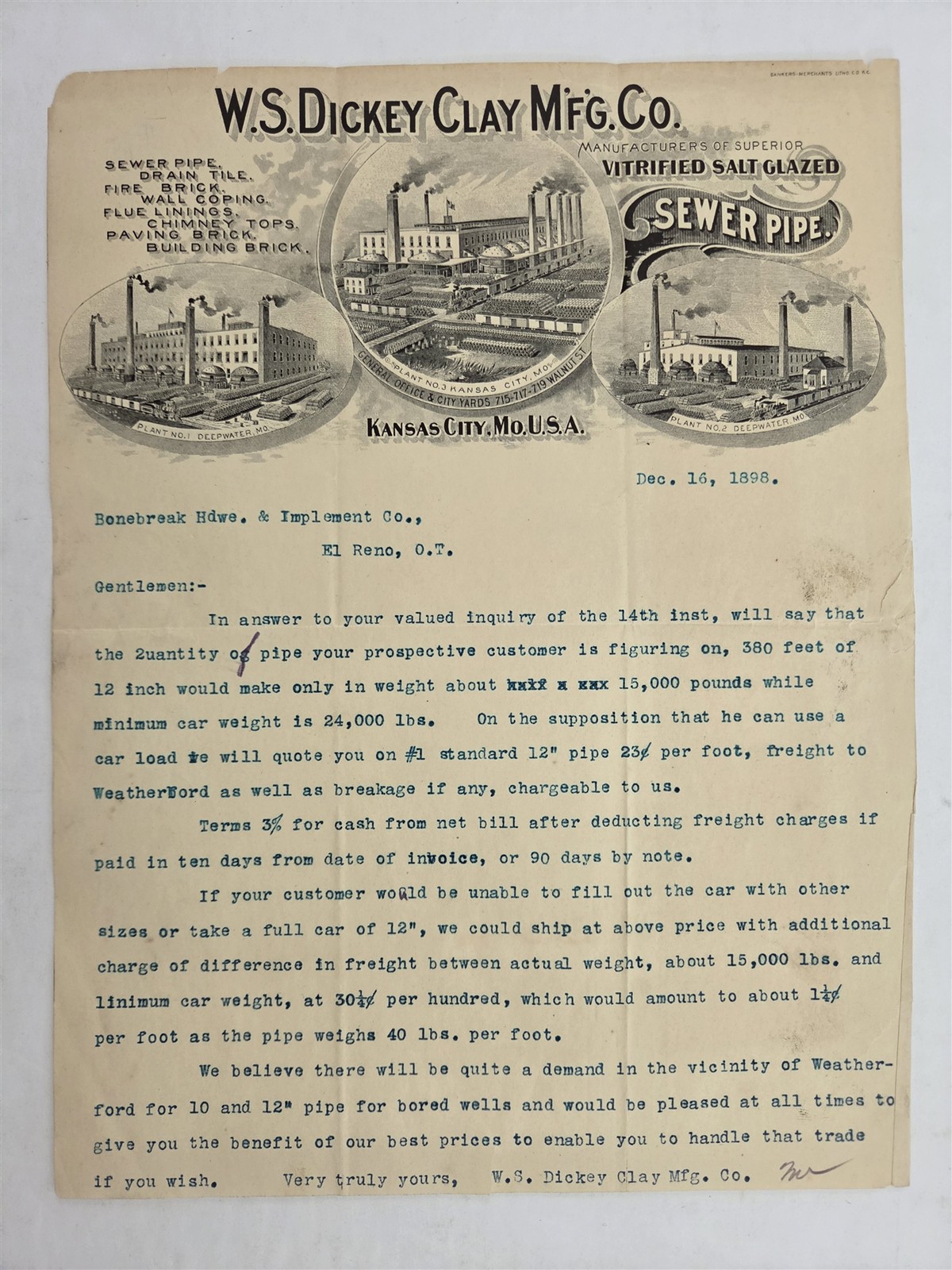 1898 antique WS DICKEY CLAY MFG kansas city mo SEWER PIPE LETTERHEAD el reno ot