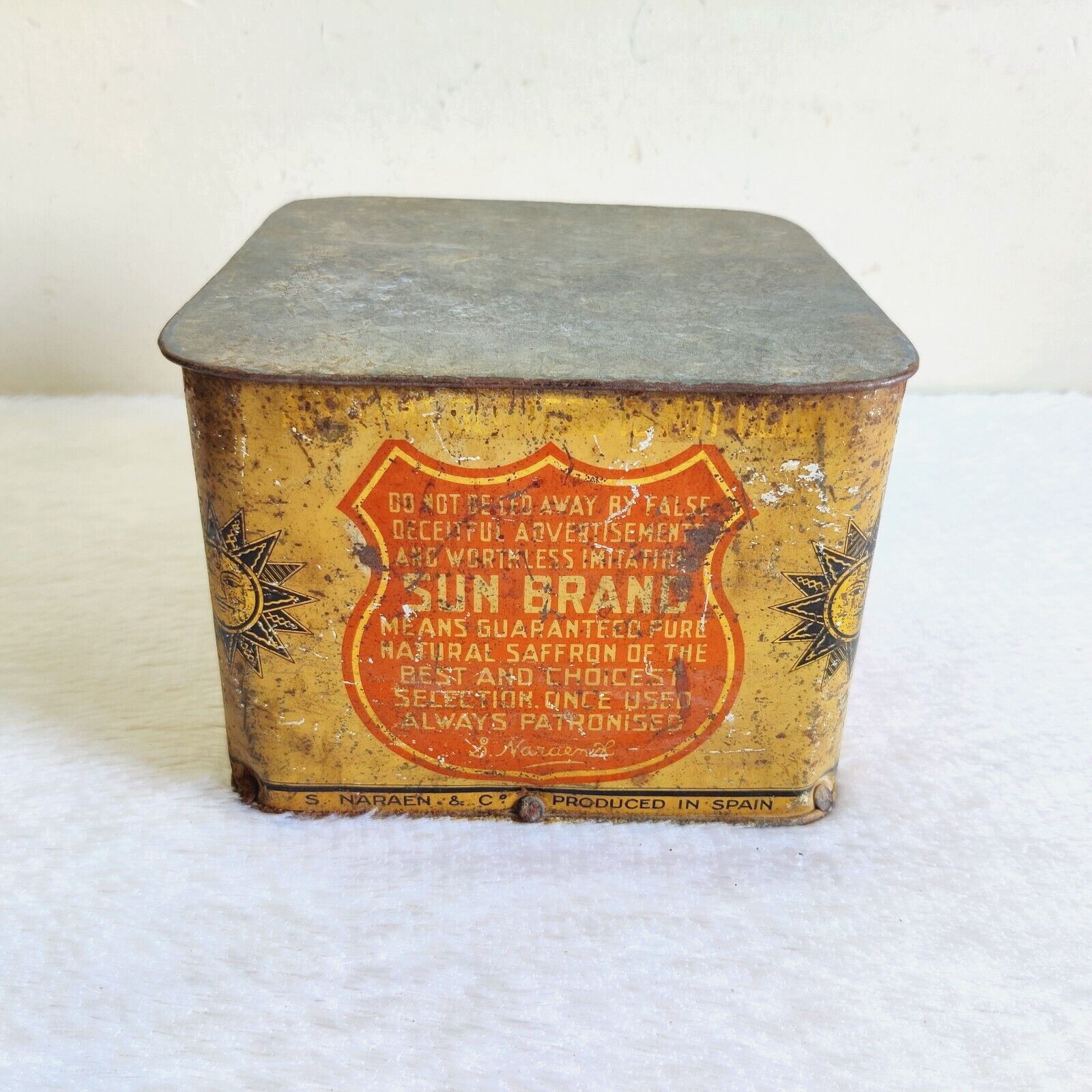 1920 Vintage Sun Brand S Naraen & Co Saffron Advertising Tin Box Spain Rare T356