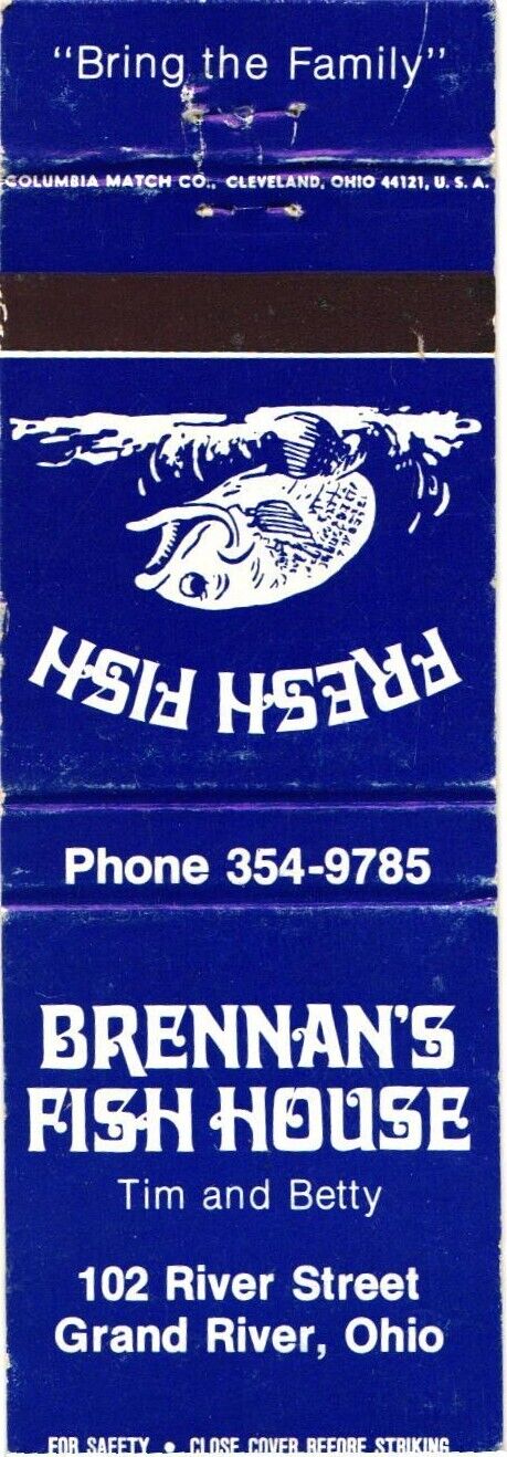 Brenna's Fish House, Fresh Fish, Grand River, Ohio, Vintage Matchbook Cover