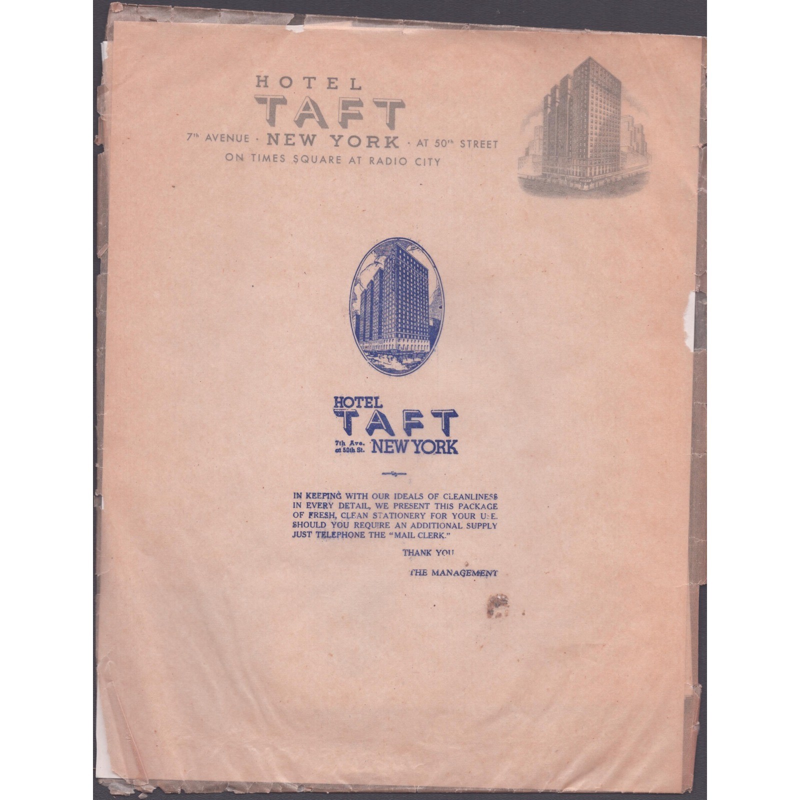 Vintage Hotel Taft New York Stationery Packet Times Square Radio City Letterhead Vintage Hotel Taft New York Stationery Packet Times Square Radio City Letterhead