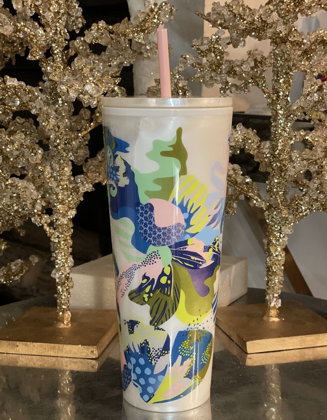NWT Starbucks Summer 2024 White Pearl Marble Multicolor Floral Tumbler