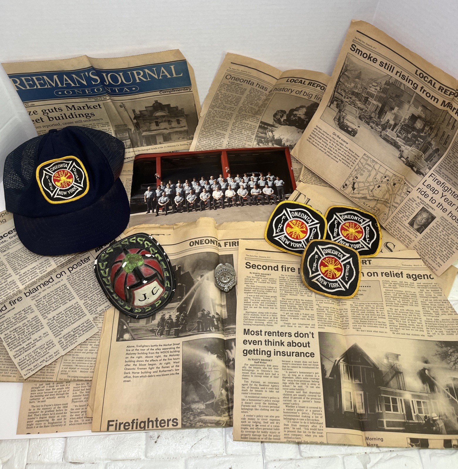 VTG Oneonta New York Fire Department Lot of Badger, Newspaper, Hat, Patches, Pic VTG Oneonta New York Fire Department Lot of Badger, Newspaper, Hat, Patches, Pic
