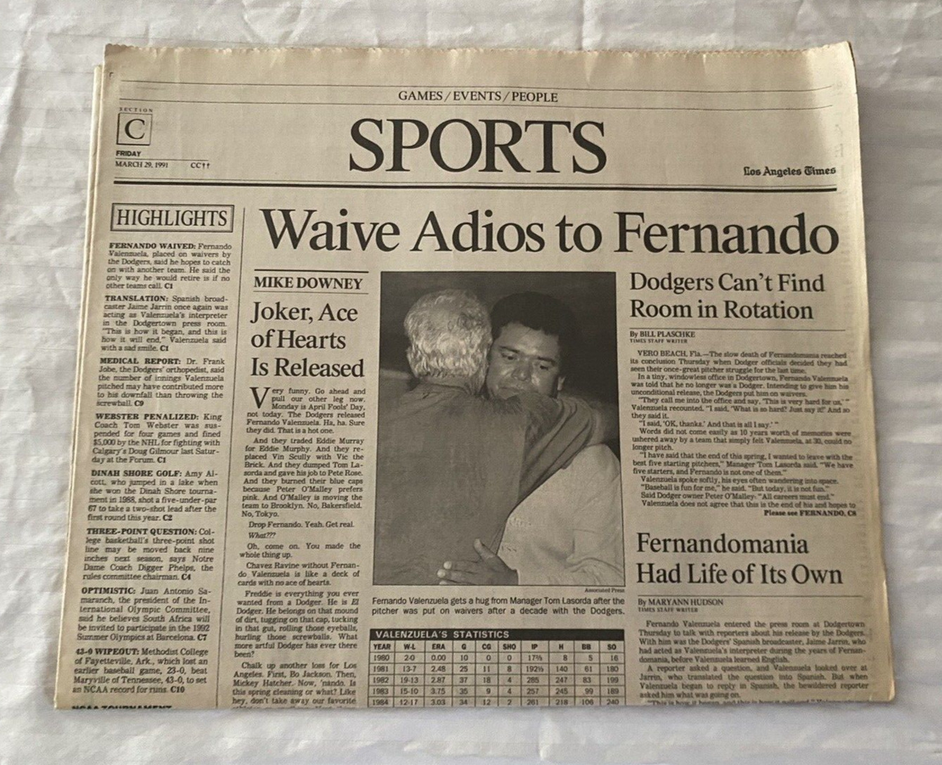 Vintage LA Times 3/29/91 Sports Page Waive Adidos to Fernando Edition Rare