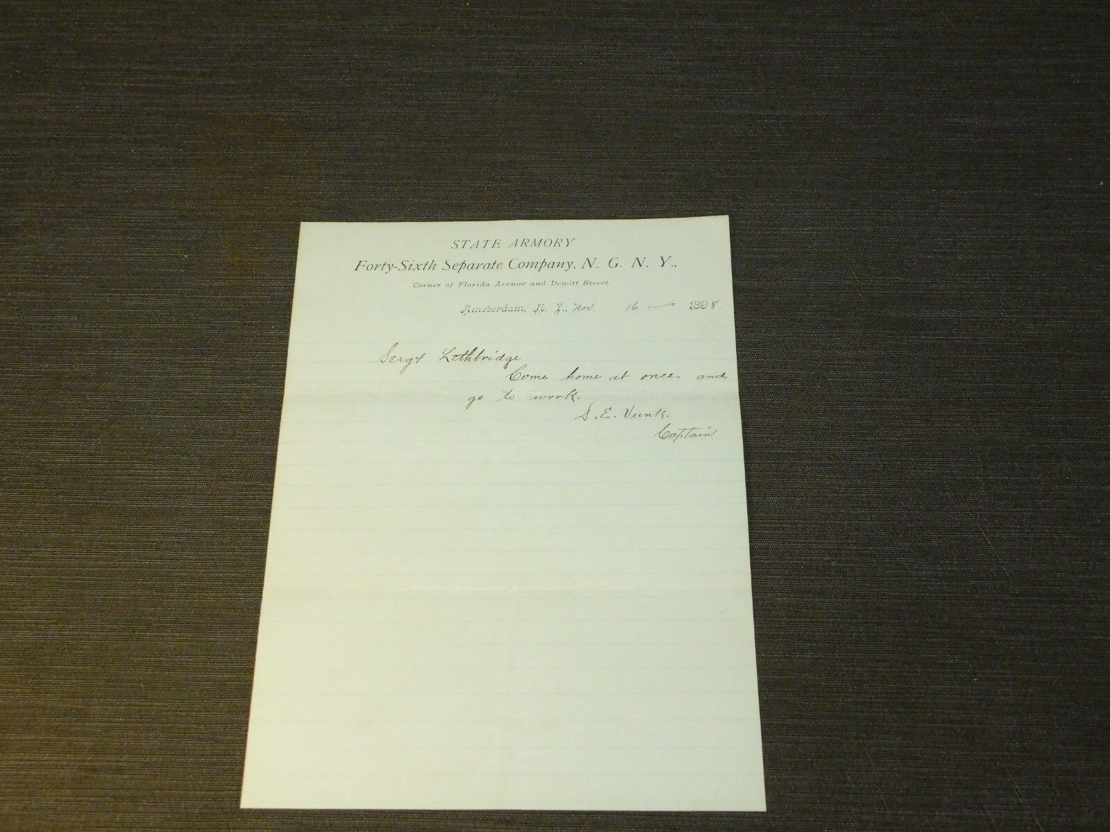 VINTAGE 1898 LETTERHEAD STATE ARMORY 46TH SEPARATE CO NGNY AMSTERDAM NY