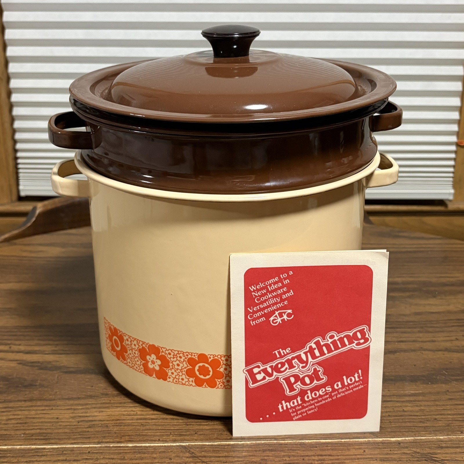 Vintage 70s GHC Enamelware The Everything Pot Orange Flower 5 Piece NOS