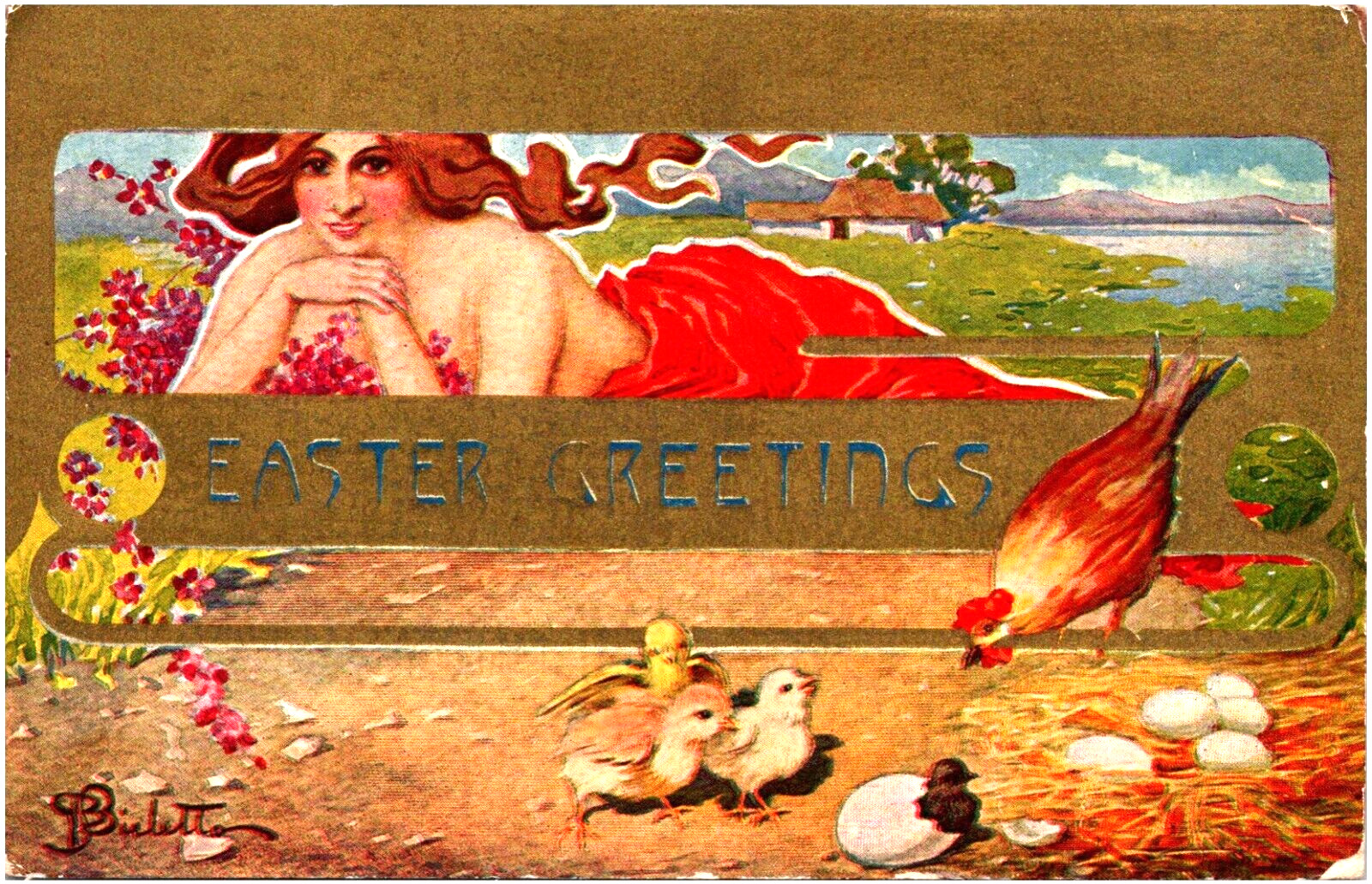 Easter Greetings Beautiful Goddess w/ Flowing Hair Art Nouveau 1910s Postcard