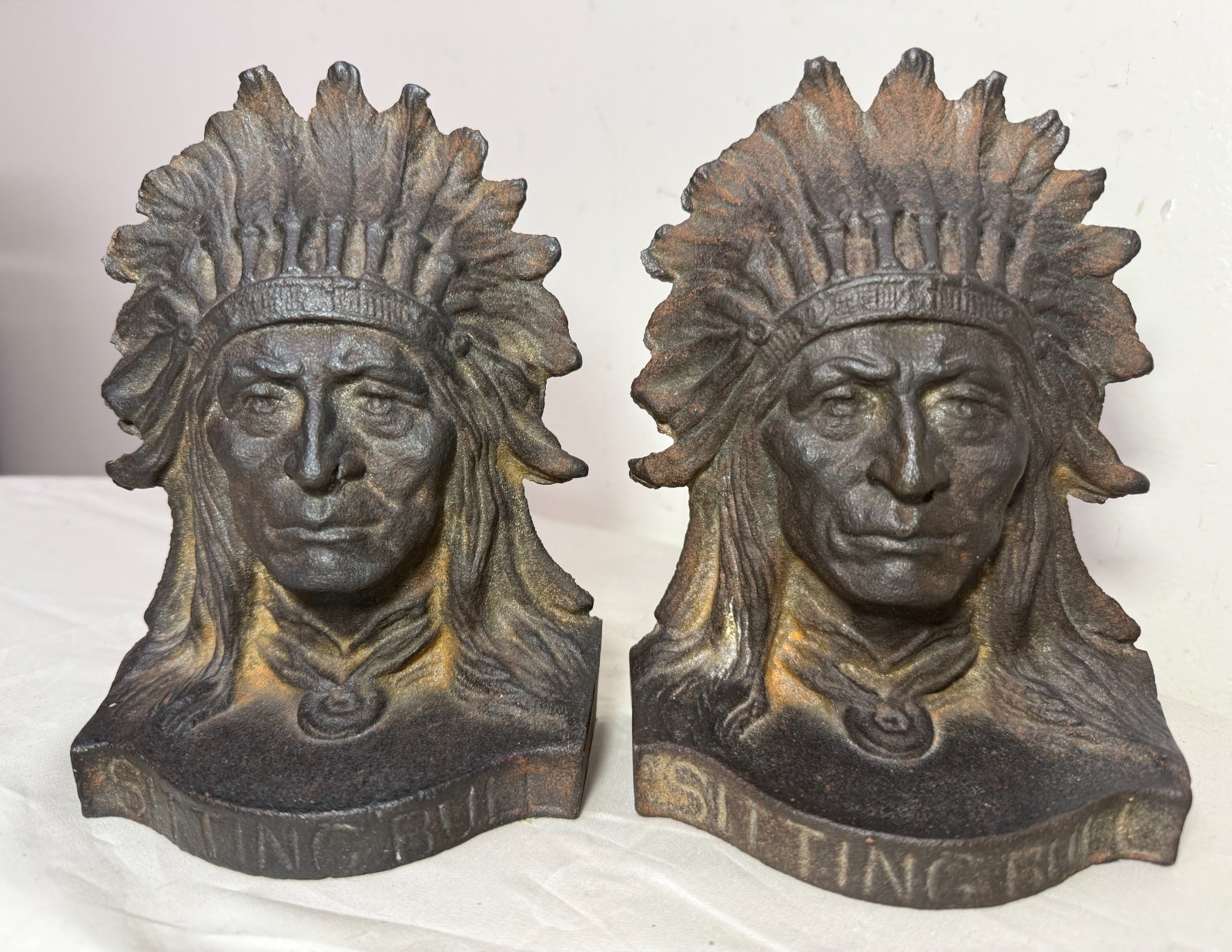 Pair antique Sitting Bull solid cast iron figural native american chief bookends