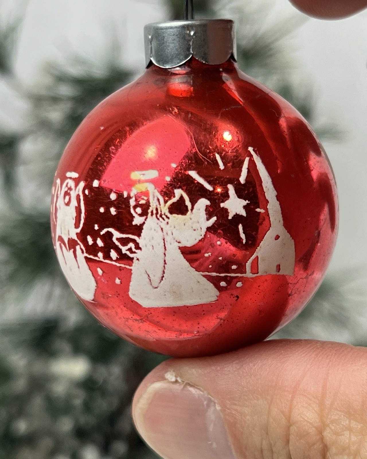 Vintage Shiny Brite Five Angels Church Star Pictured Glass Christmas Ornament 