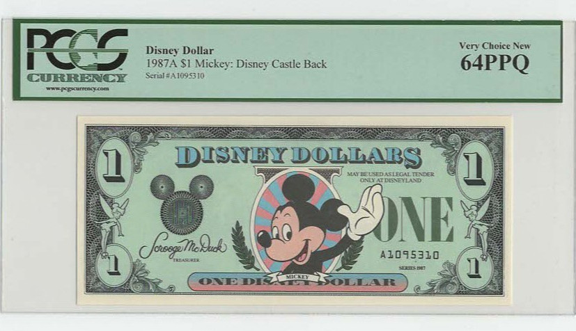 1987A $1 Disney Dollar Waving Mickey/Sleeping Beauty's Castle Back PCGS 64 PPQ 1987A $1 Disney Dollar Waving Mickey/Sleeping Beauty's Castle Back PCGS 64 PPQ