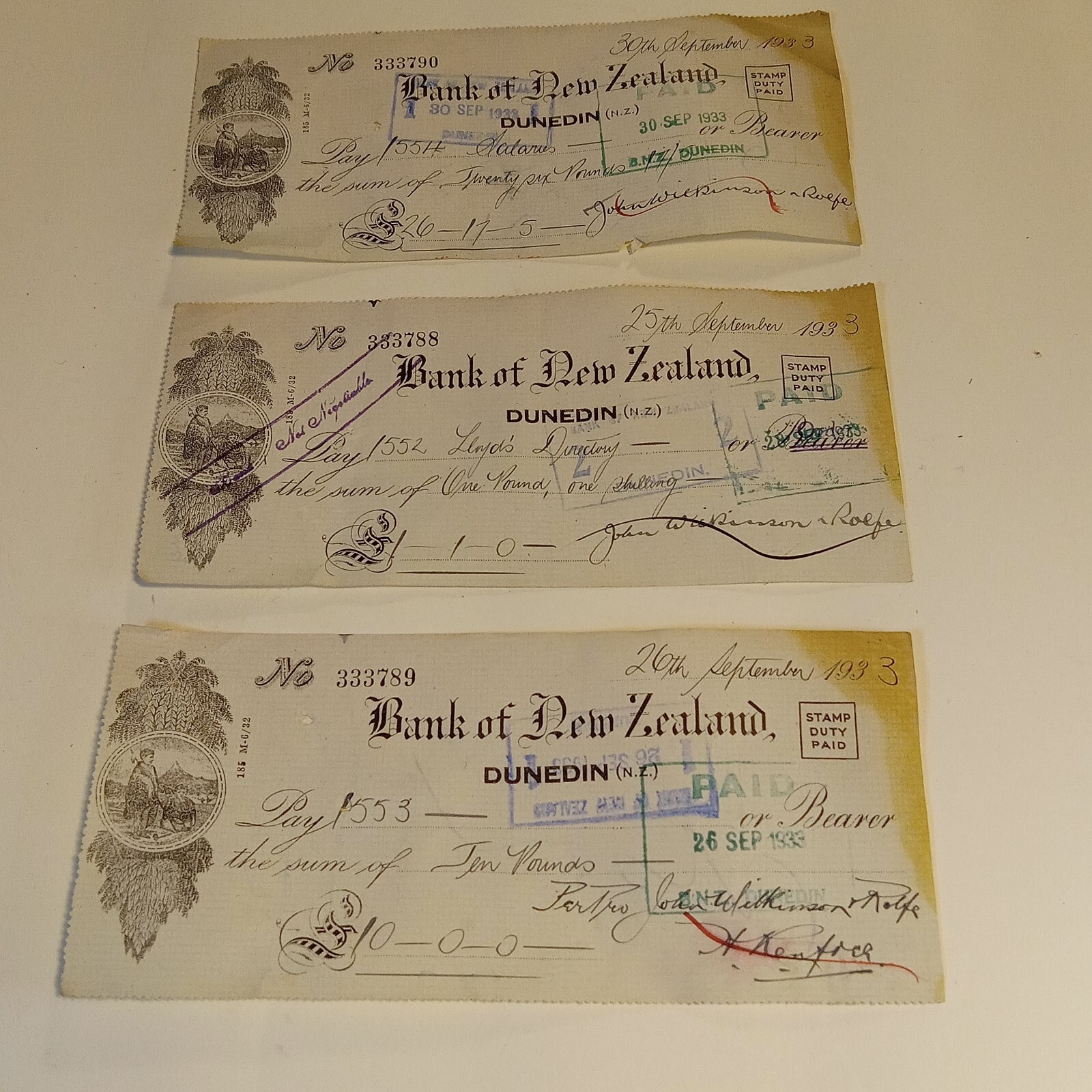 3-Antique 1933 New Zealand Cheque Bank Memorabilia AMP