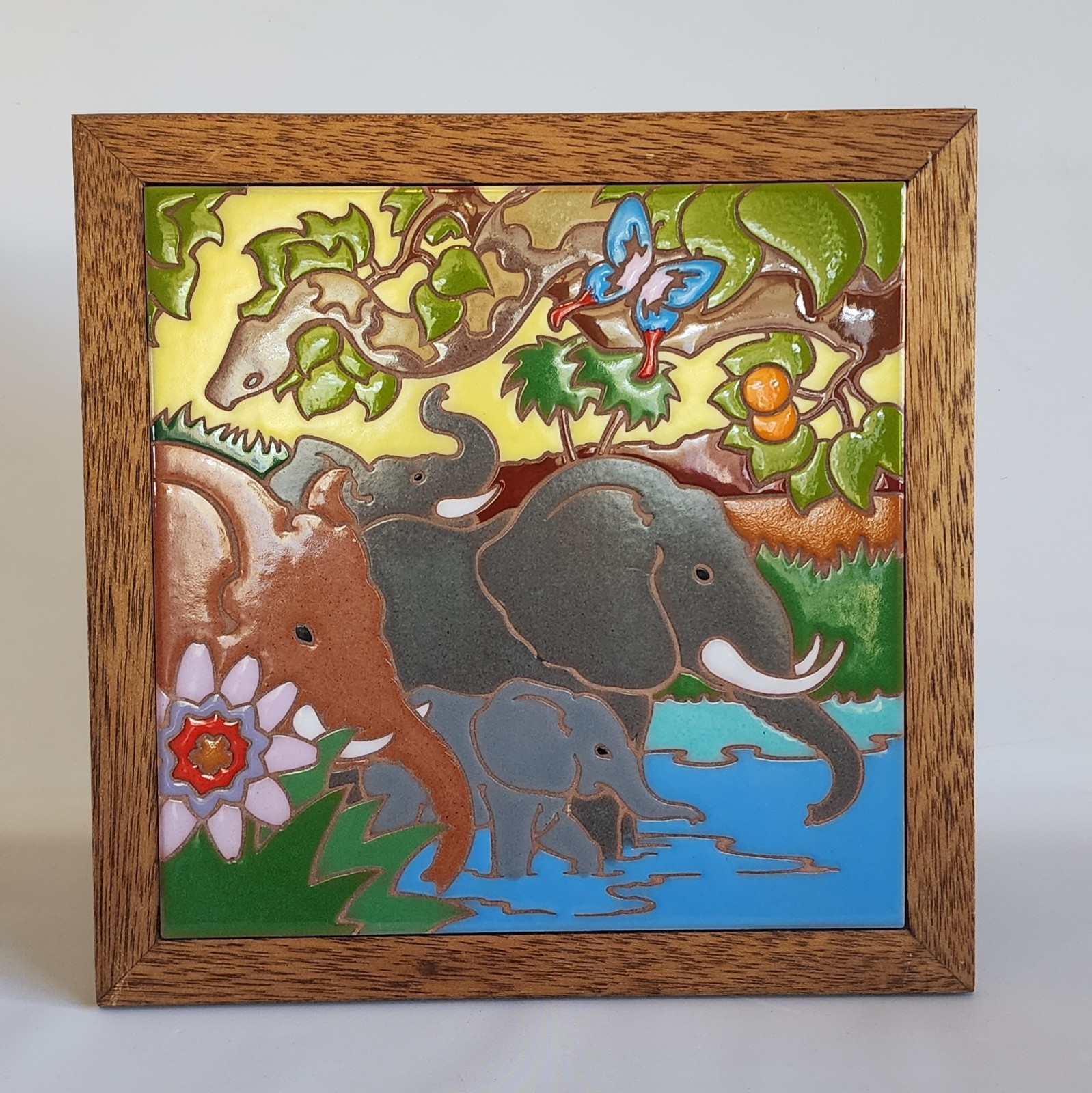 Hand-Painted Ceramic Art Tile Elepants Framed Wooden Arius Of Sante Fe