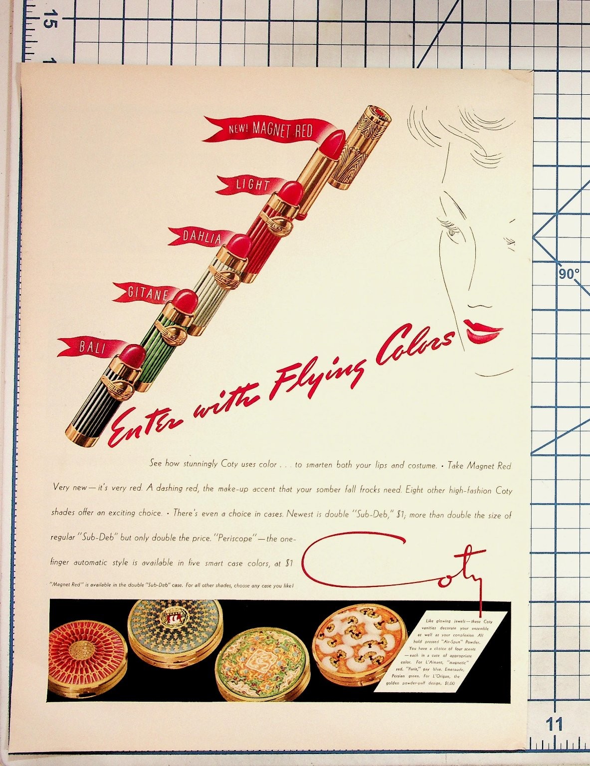 Coty Cosmetics Vintage Magazine Ad 1940s Lipstick Powder Compact Beauty Ephemera