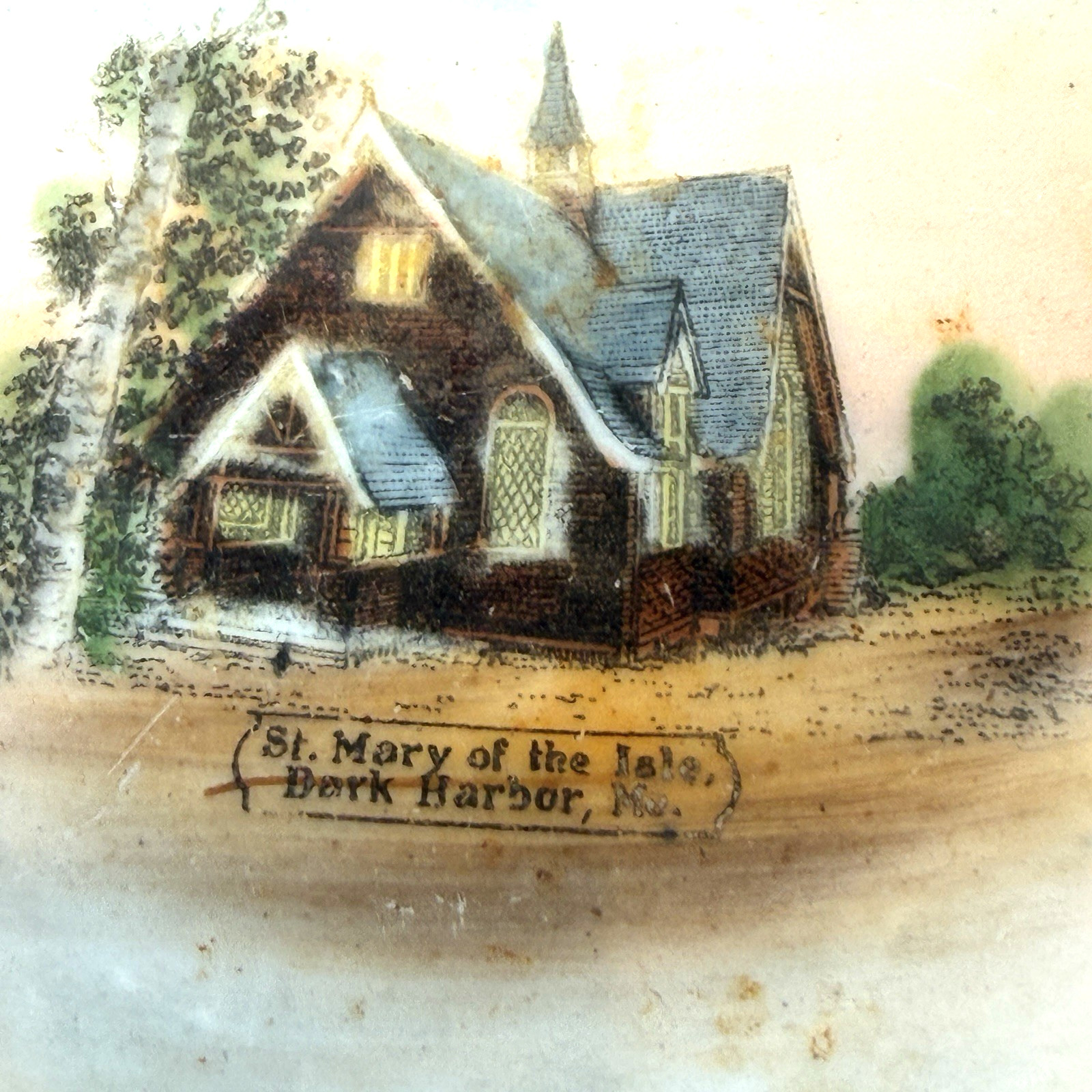 DARK HARBOR , MAINE ME Antique ST MARY OF THE ISLE Souvenir Cobalt Plate Dish