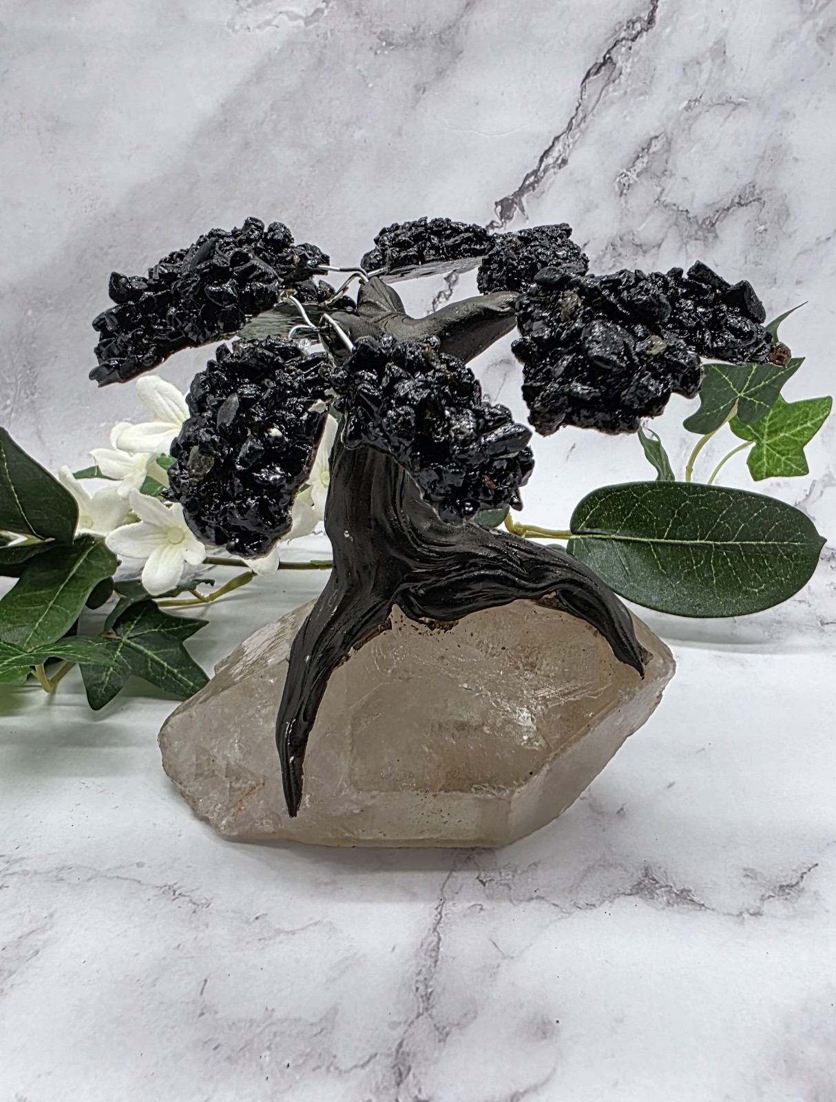 Quartz Freeform Tree Sculpture with Black Tourmaline Leaves  Handcrafted Crystal