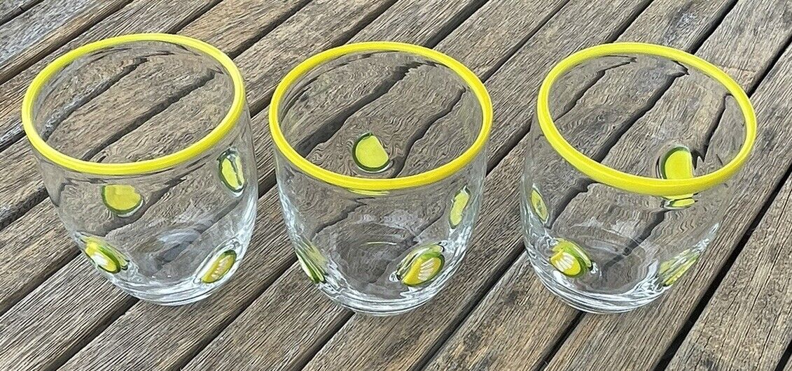 Lot of 3 MCM Artland Hand Blown Art Glasses Lemons Yellow Trim 10 oz.