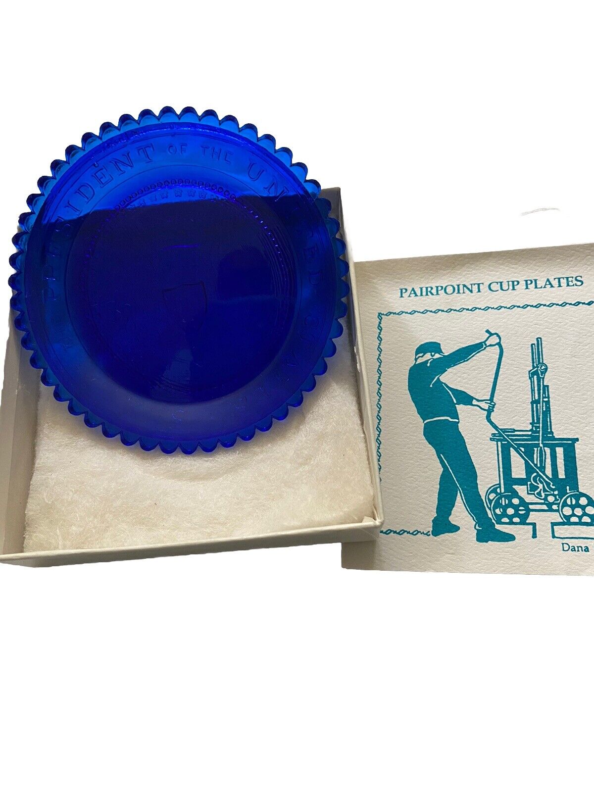 Vintage Pairpoint Blue Glass Cup Plate US President Seal