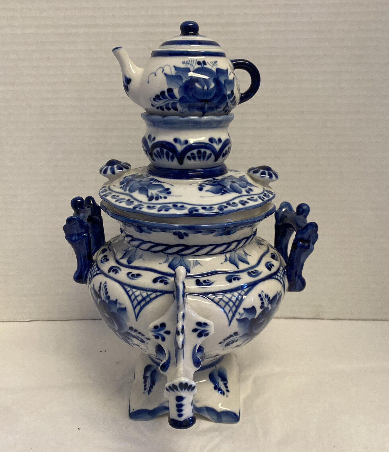 Russian Gzhel Porcelain Samovar White & Blue  Teapot