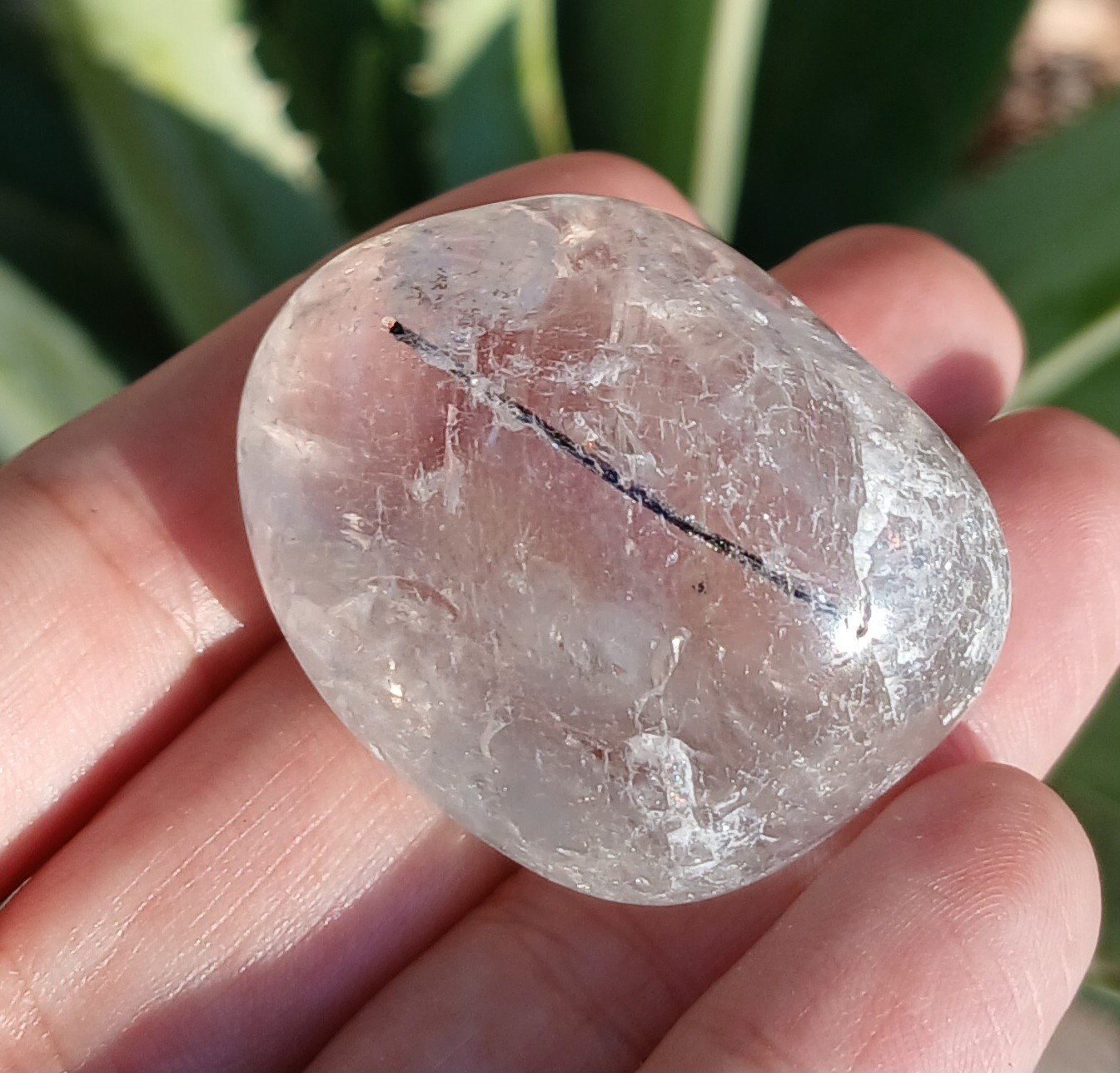 39g Natural Tumbled Polished Clear Quartz Crystal Black Tourmaline & Rainbows