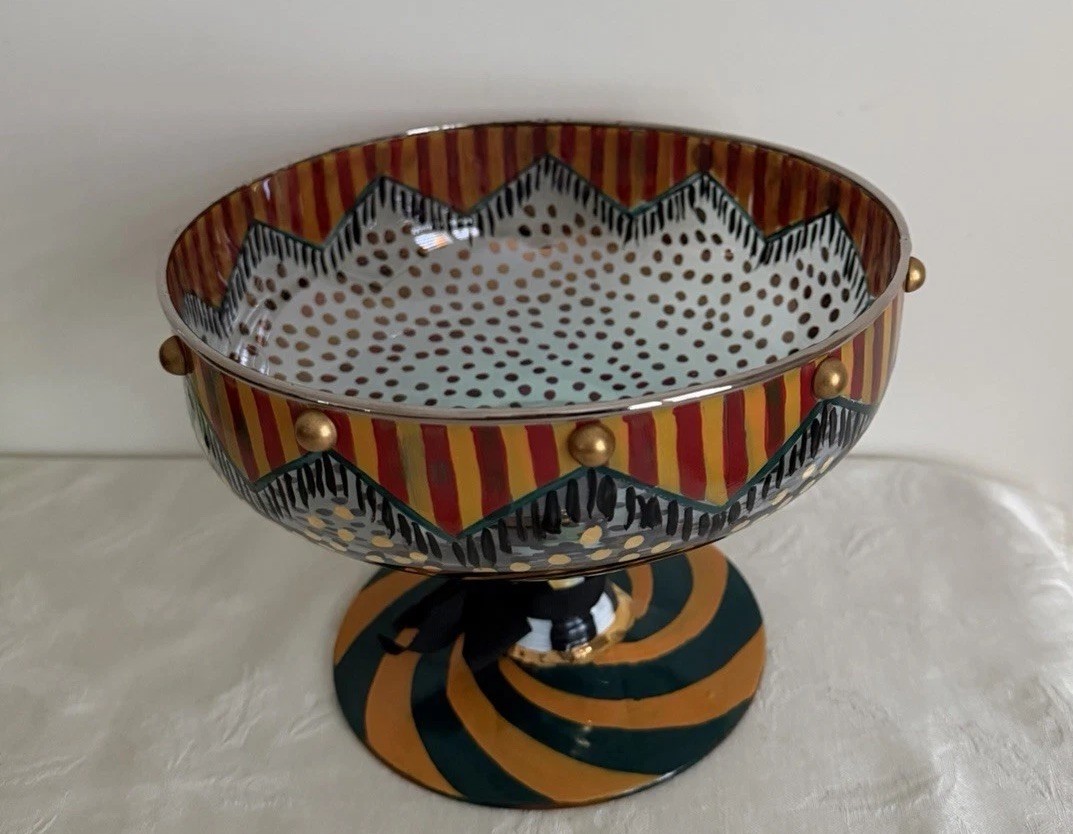 Mackenzie Childs Circus Footed Pedestal Glass Bowl Hand Painted 1991 8”D *B40