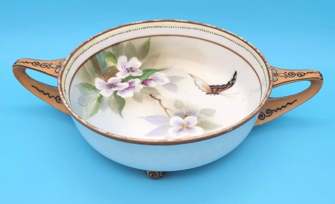 Nippon Hand Painted Butterfly Flower Gold Trim Handled Bowl Open Dish Morimura 