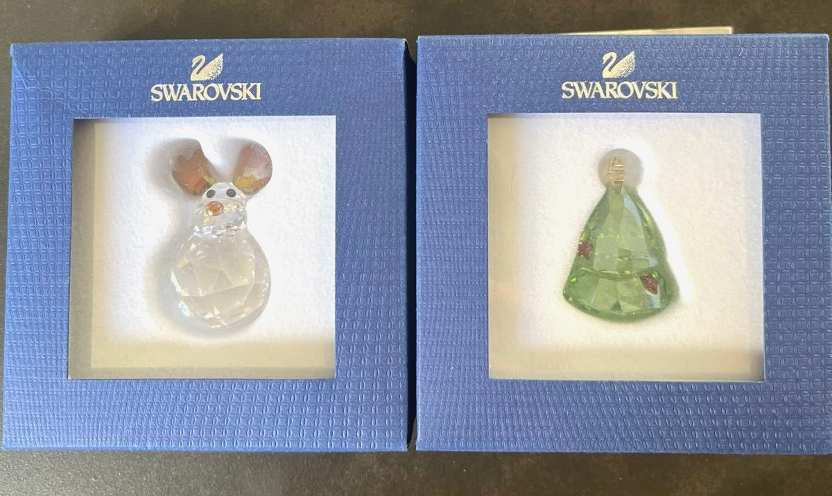 Swarovski Christmas Ornament Set 2pc Rocking Christmas Tree Reindeer Crystal