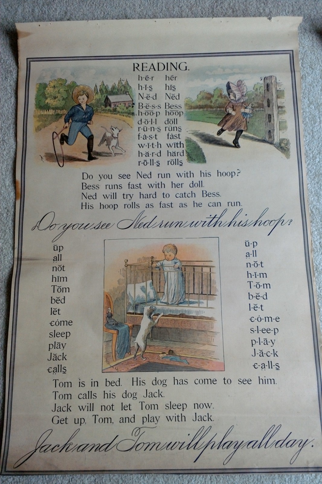 Original School Teaching Chart Reading, Writing, Geography , History, Physiology