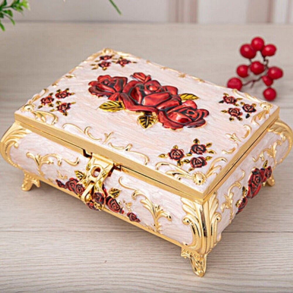 SANKYO WHITE TIN ALLOY RECTANGLE RED ROSES  MUSIC BOX :  ONCE UPON A DECEMBER