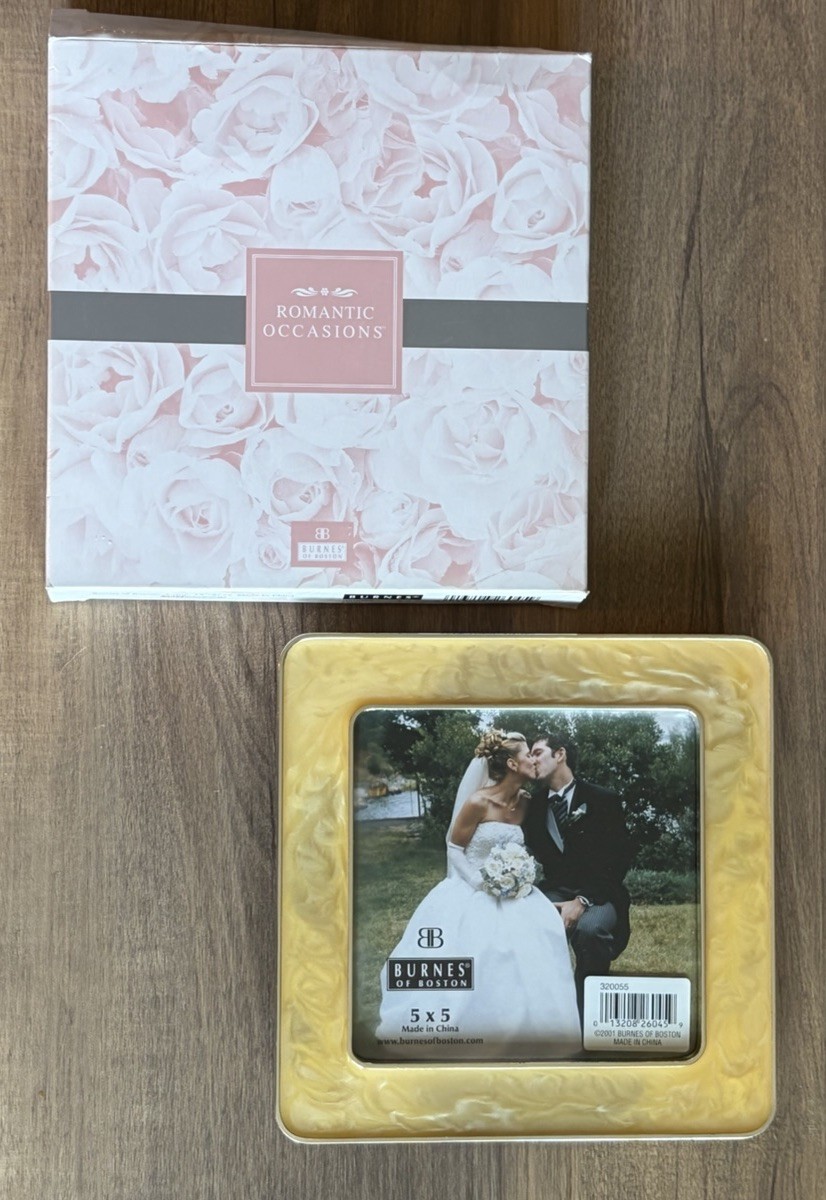 Burnes of Boston 5x5 Photo Frame Tabletop Yellow Pearl Enamel W/ Silver Trim NIB Burnes of Boston 5x5 Photo Frame Tabletop Yellow Pearl Enamel W/ Silver Trim NIB