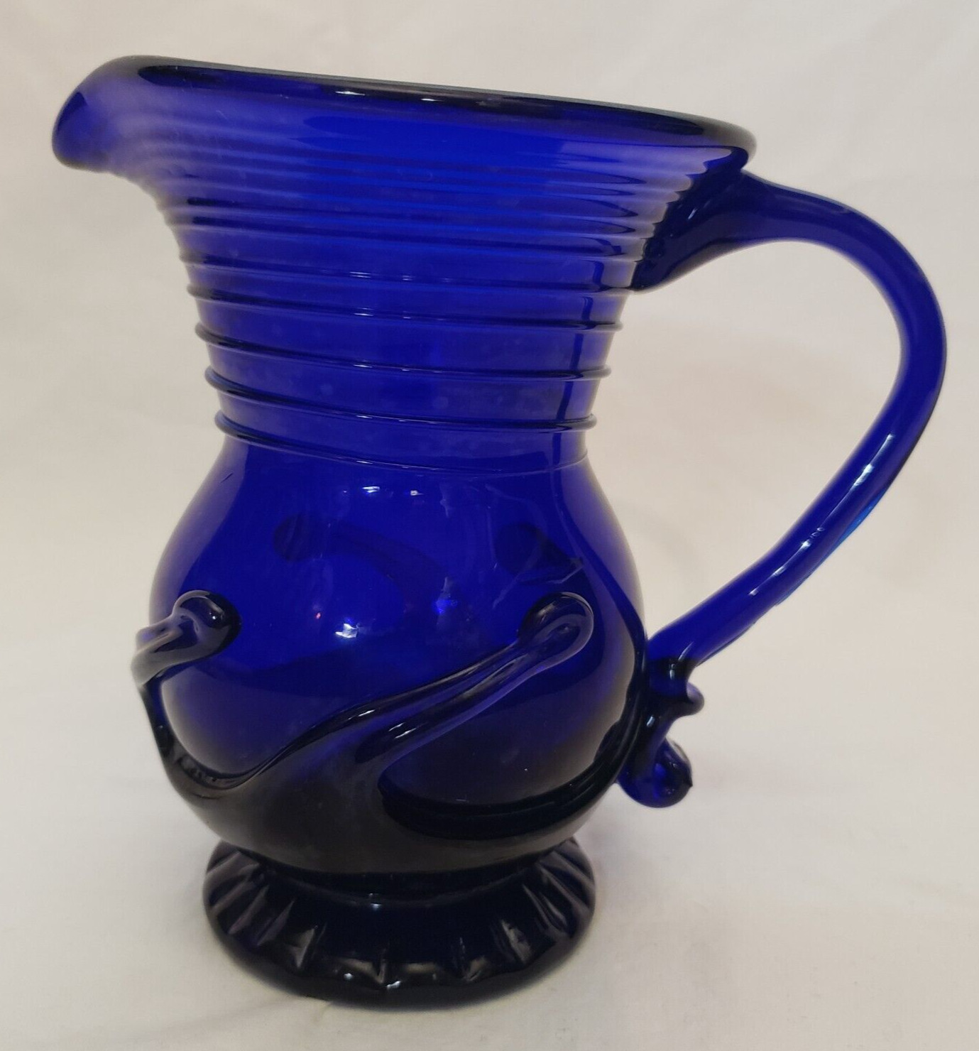 Vintage Cobalt Blue Handblown Art Glass Pitcher - Lily Pad Liberty Village 1976