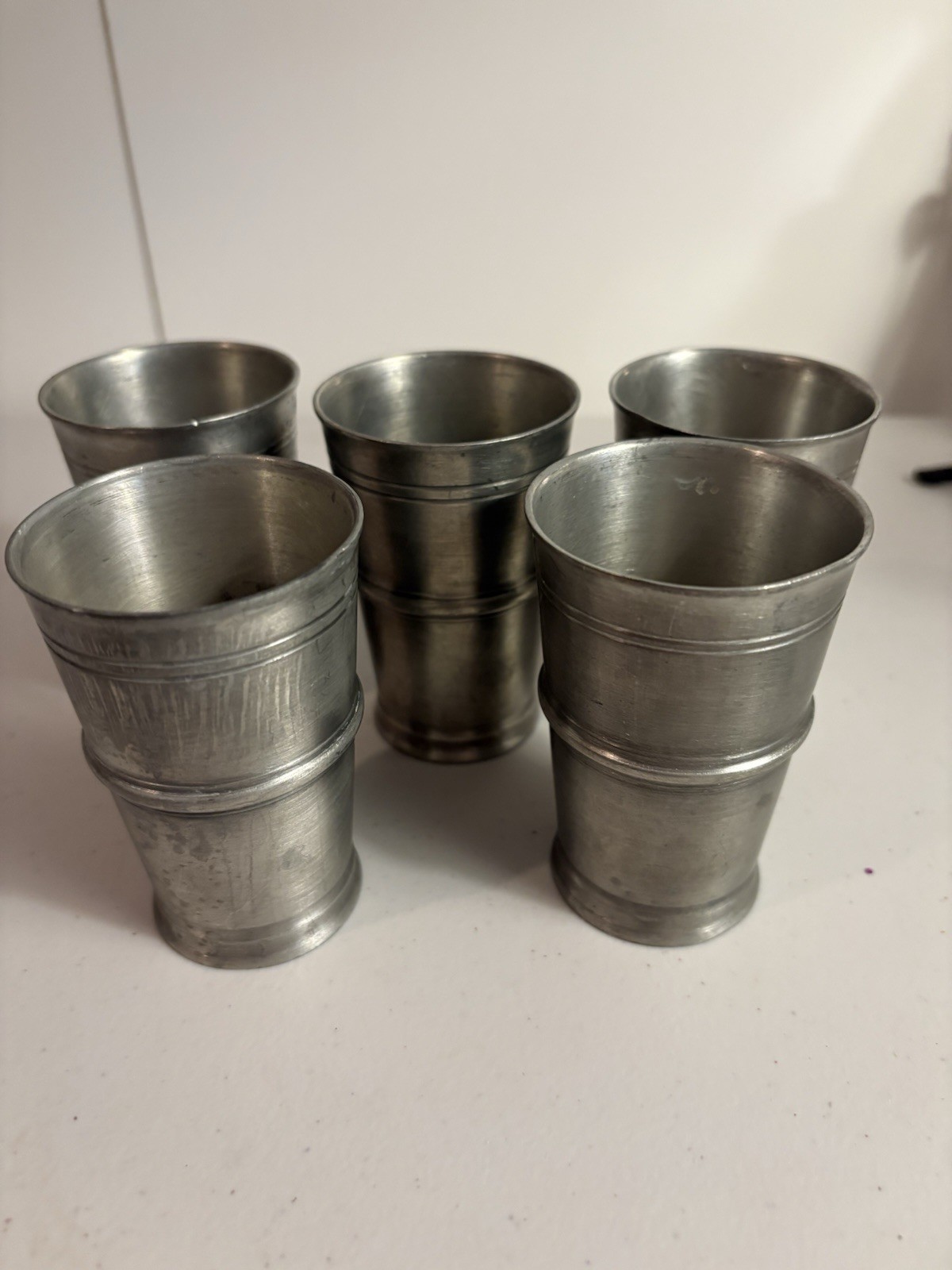 5 vintage  SIGG Frauenfeld Etain Fin Fein Zinn Pewter Shot Glasses tumblers cups
