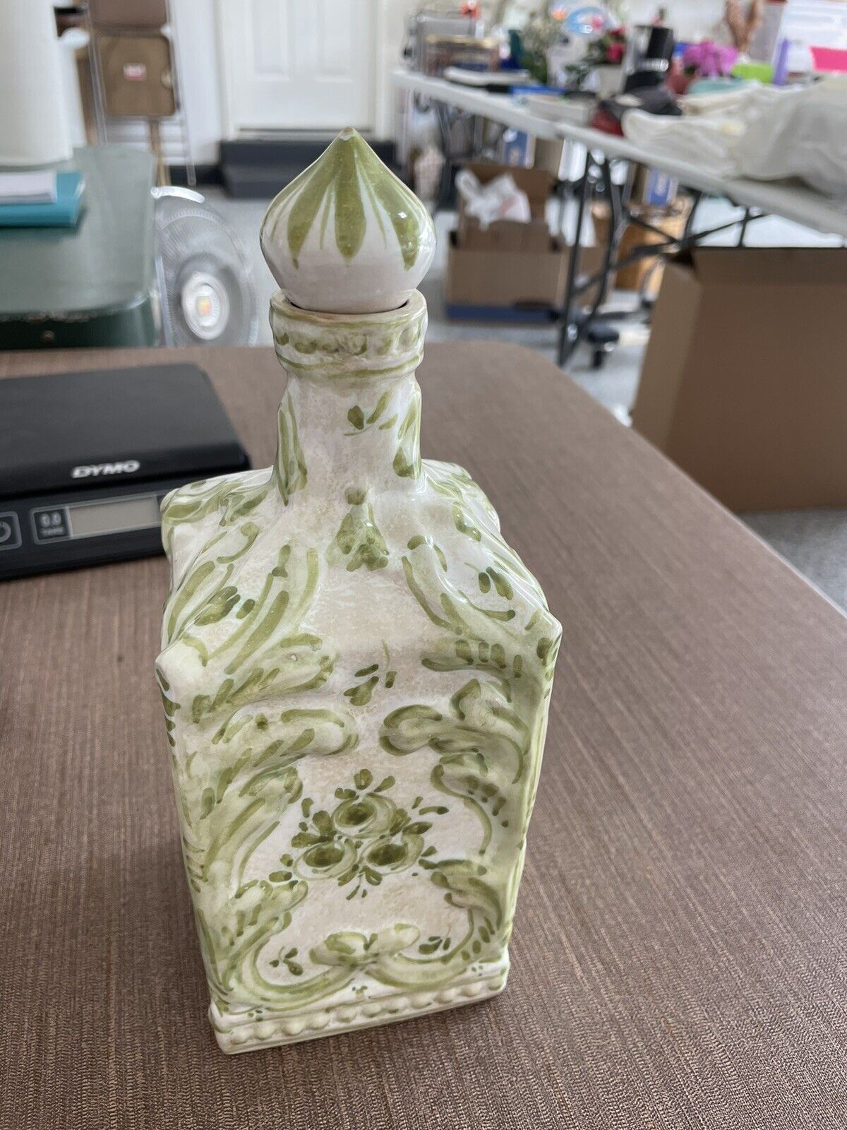 Ceramic Cream and Green 10” Tall Decanter with Stopper ITALY
