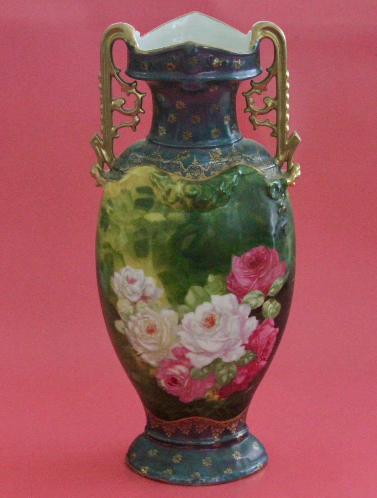 Antique Austria Porcelain Hand Painted ENAMEL ROSES LARGE Vase Gold Gilt