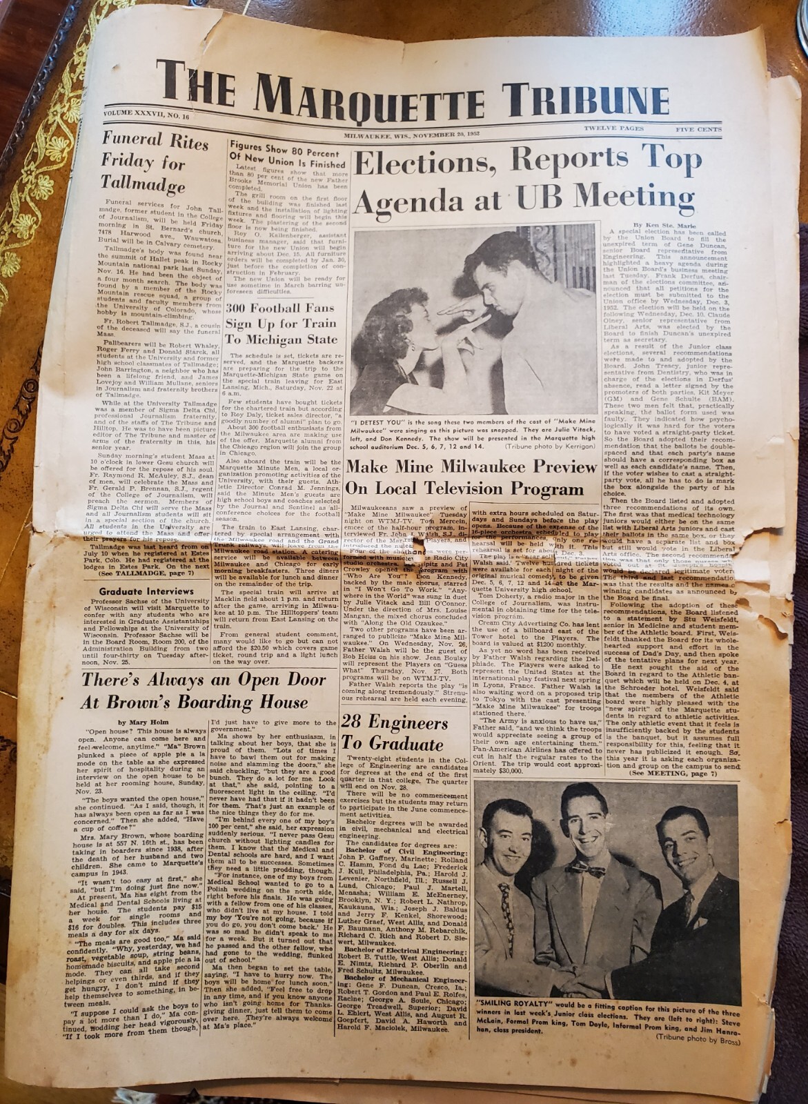 The Marquette (University) Tribune Newspaper ~ Nov. 20th 1952✨