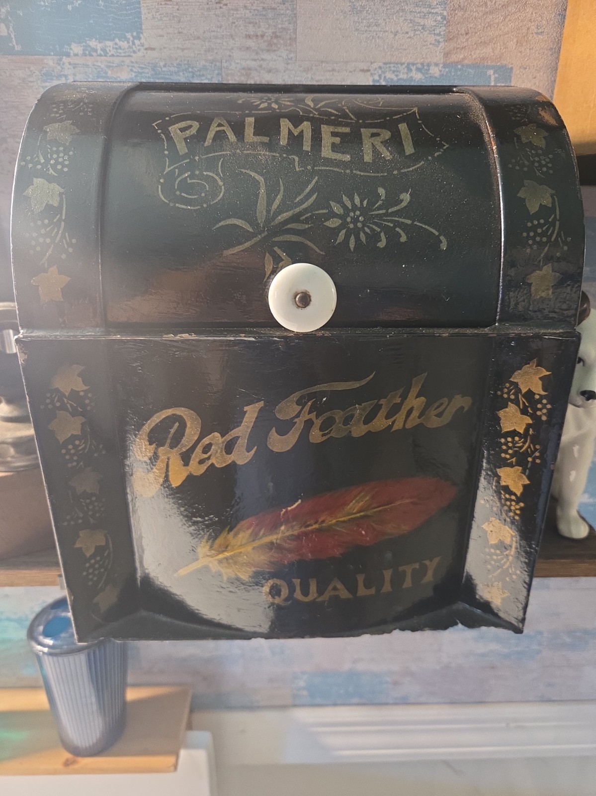 Antique 19th Century Metal Roll Top Counter Display Palmeri Red Feather 🪶 