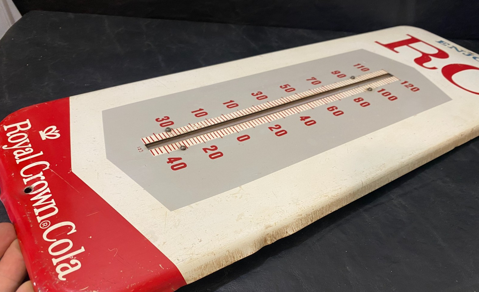 vintage RC Cola sign Royal Crown advertising thermometer metal 25.5 x 9.5