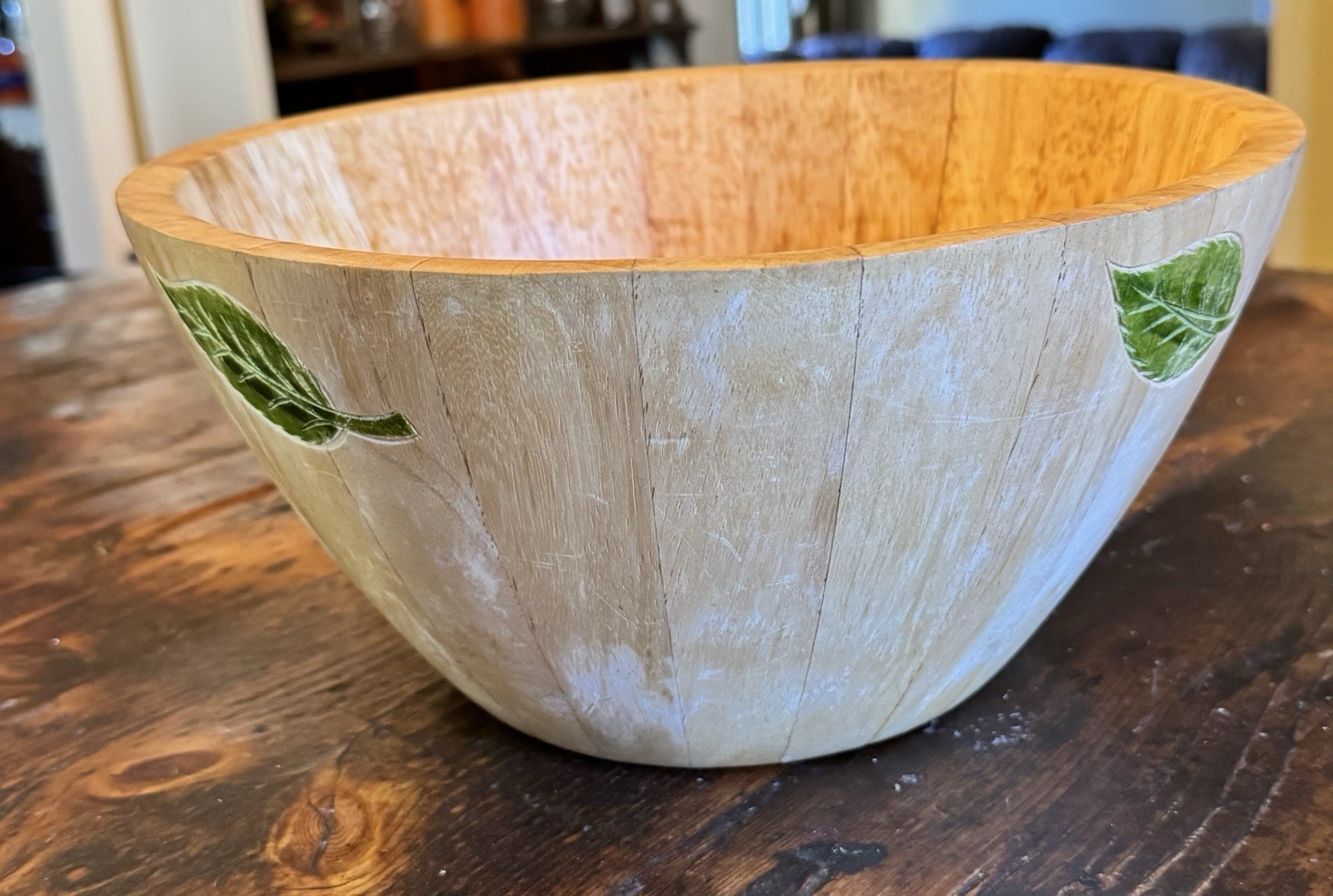 Clay Art Salad Bowl Wooden Green Leaf Hand Painted Large Serving 1999 Thailand Clay Art Salad Bowl Wooden Green Leaf Hand Painted Large Serving 1999 Thailand
