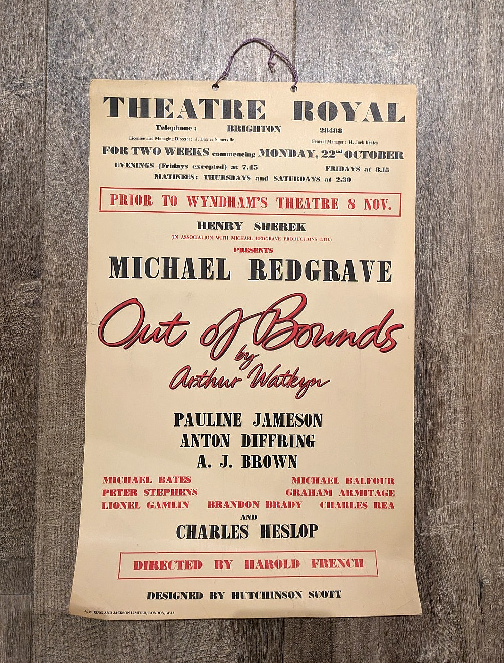 Theatre Royal Brighton 1956 Poster Out of Bounds  Arthur Watkyn Michael Redgrave