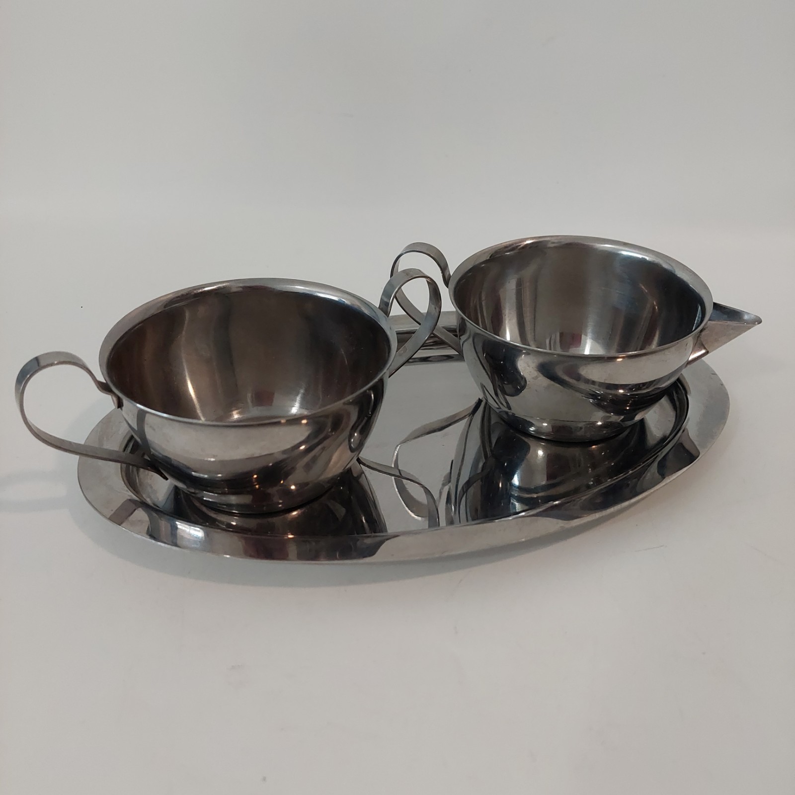 Vintage Linmark Stainless Japan Cream & Sugar Set Tray MCM Danish Modern 3 Pc